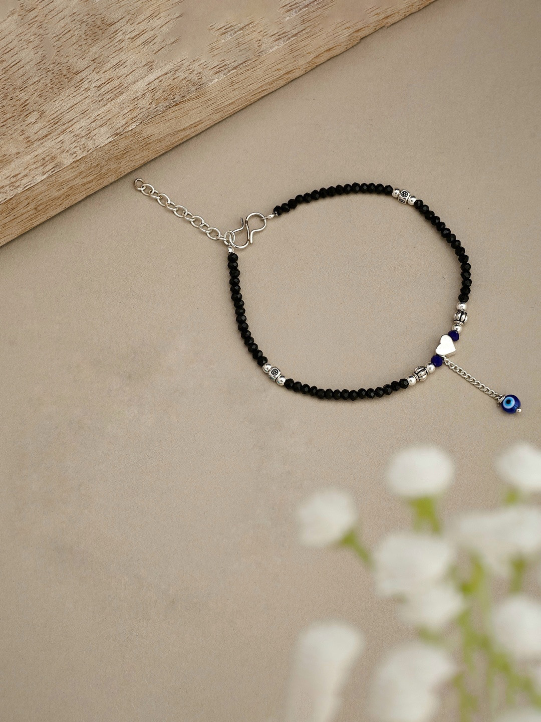 

ATIBELLE Silver-Plated Stone-Studded Beaded Anklet, Black