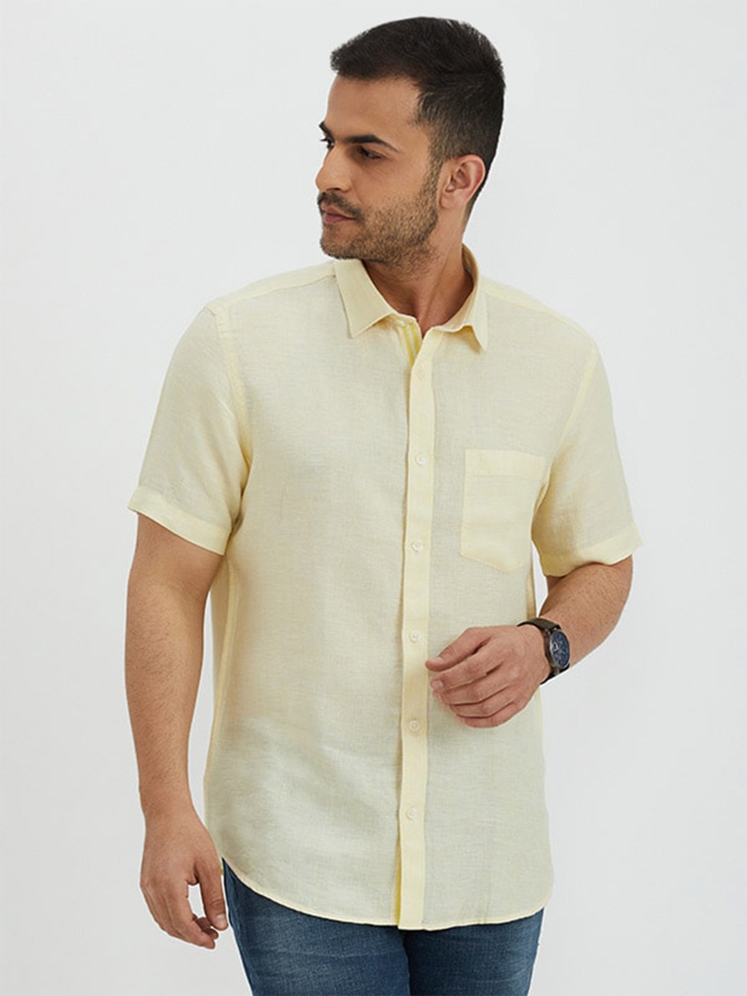 

Indian Terrain Chiseled Slim Fit Opaque Pure Linen Casual Shirt, Yellow