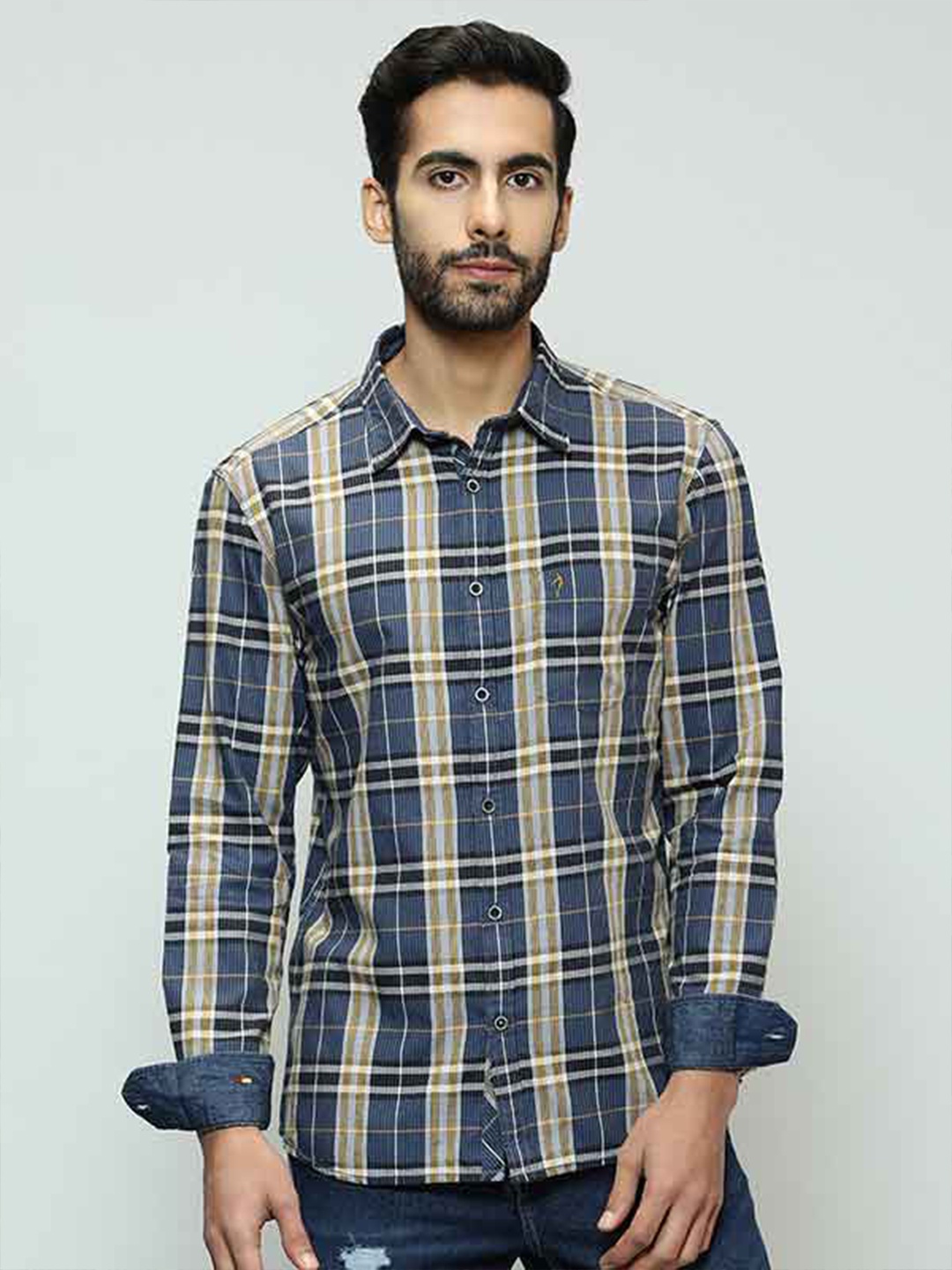 

Indian Terrain Men Chiseled Slim Fit Tartan Checked Pure Cotton Casual Shirt, Blue