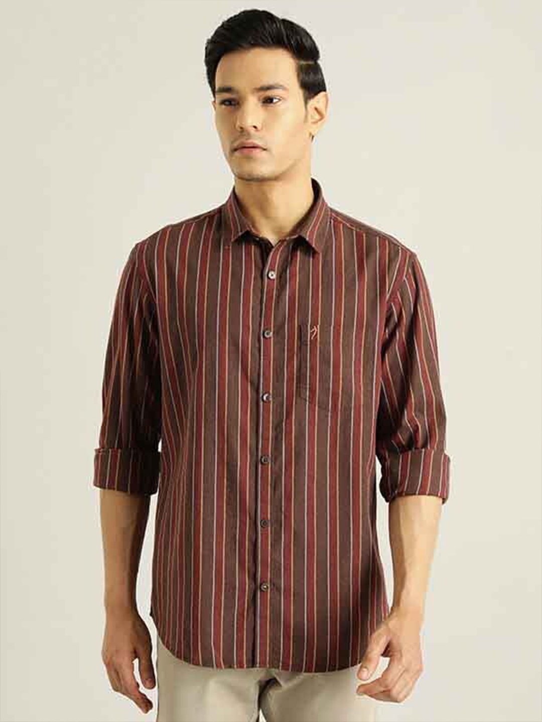 

Indian Terrain Striped Chiseled Slim Fit Opaque Pure Cotton Casual Shirt, Brown