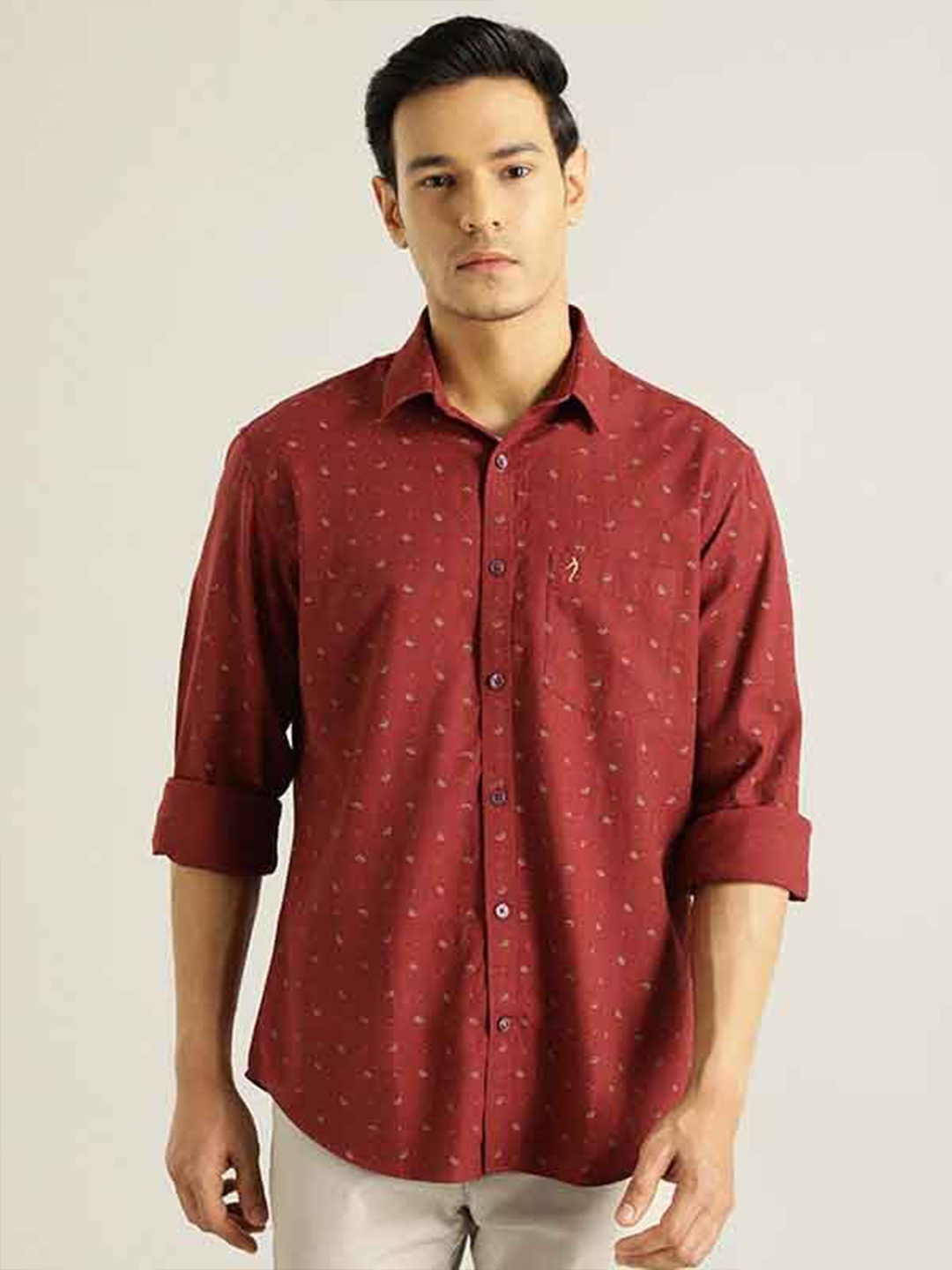 

Indian Terrain Chiseled Micro Ditsy Printed Pure Cotton Slim Fit Casual Shirt, Burgundy