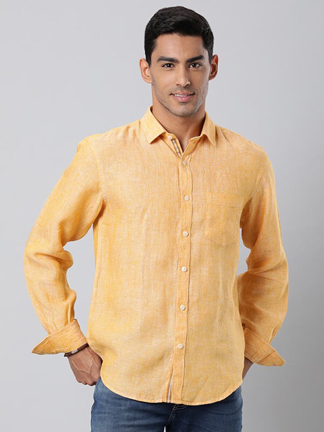 

Indian Terrain Chiseled Spread Collar Pure Linen Slim Fit Casual Shirt, Mustard