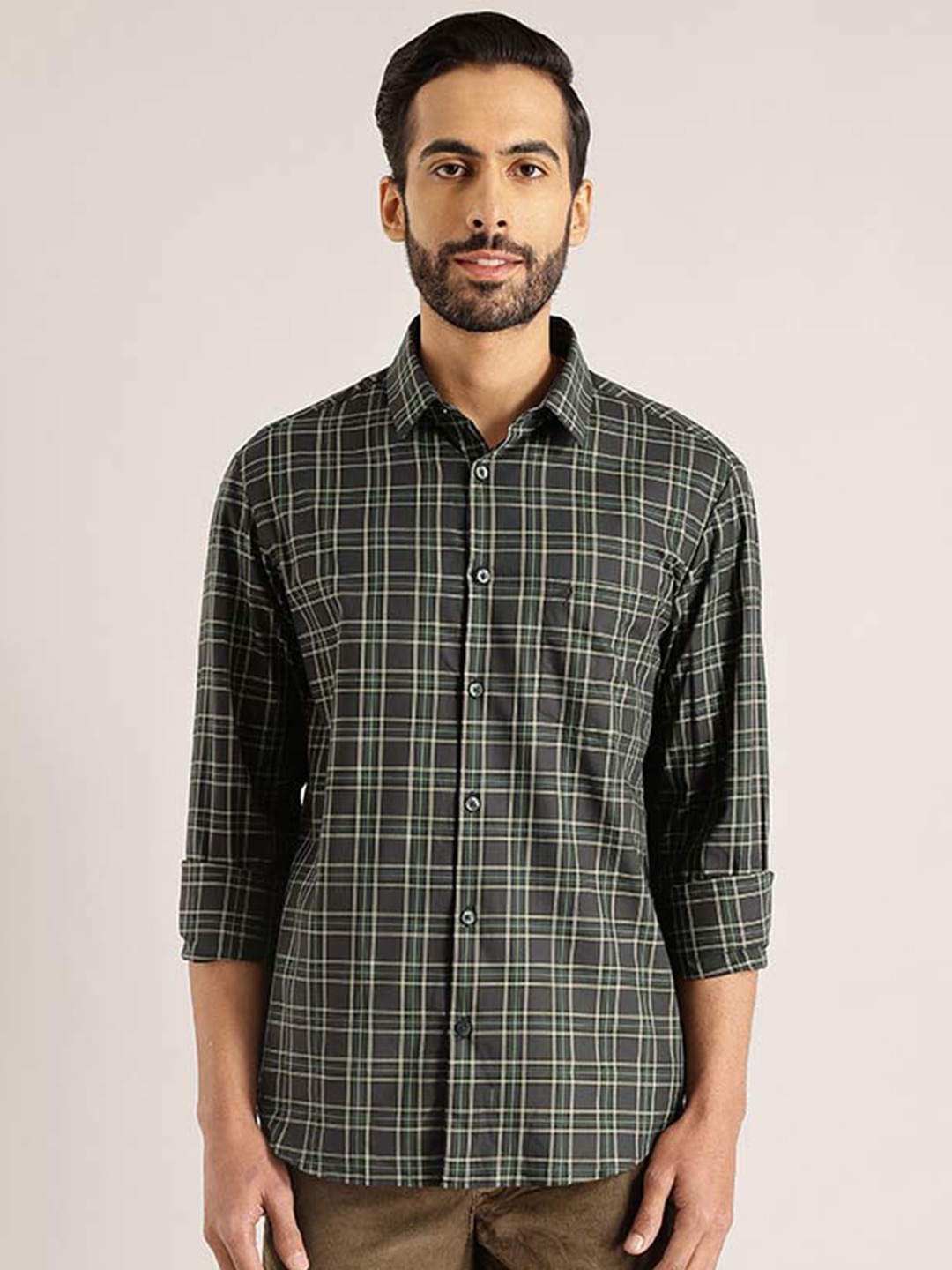 

Indian Terrain Chiseled Checked Slim Fit Spread Collar Cotton Casual Shirt, Green