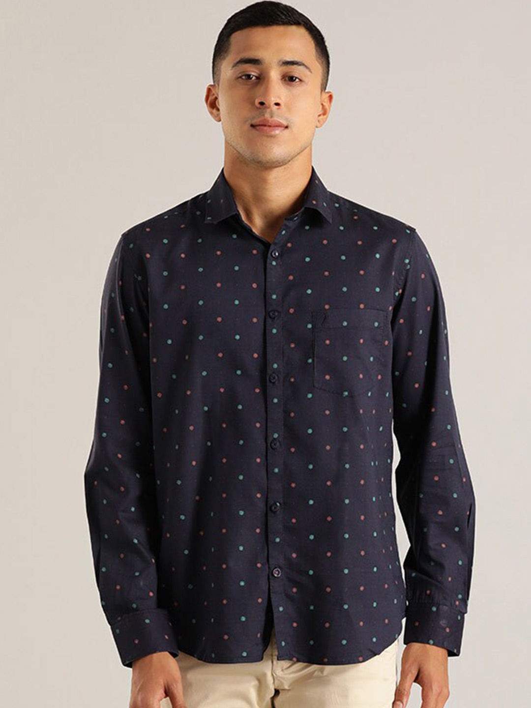 

Indian Terrain Chiseled Slim Fit Polka Dots Printed Casual Shirt, Navy blue