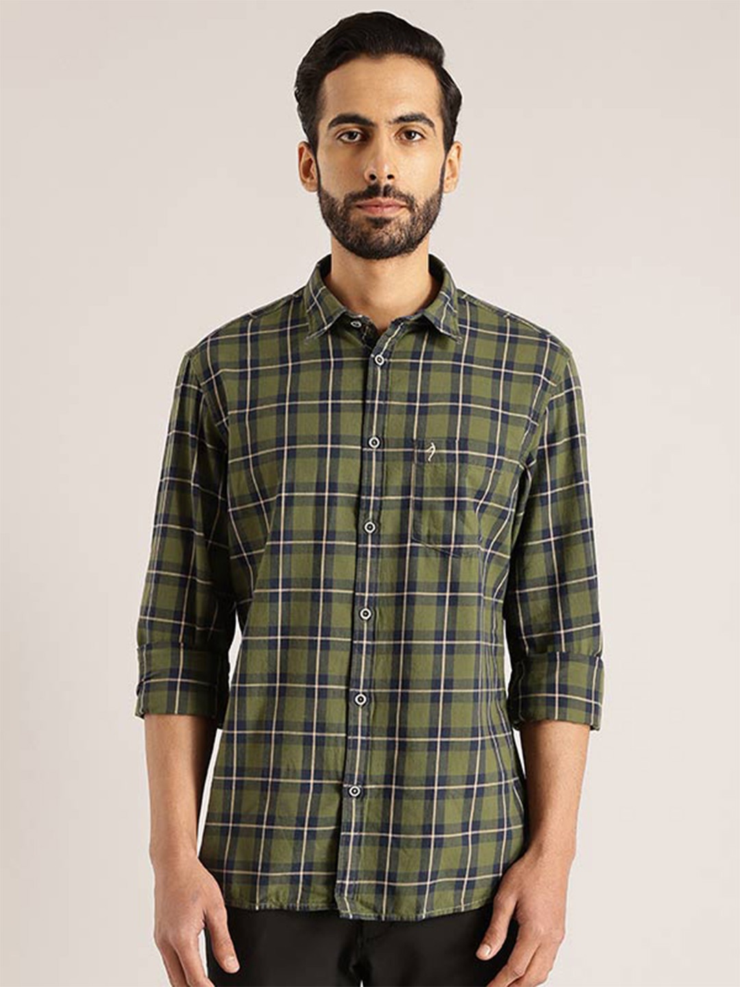 

Indian Terrain Chiseled Checked Slim Fit Spread Collar Cotton Casual Shirt, Green