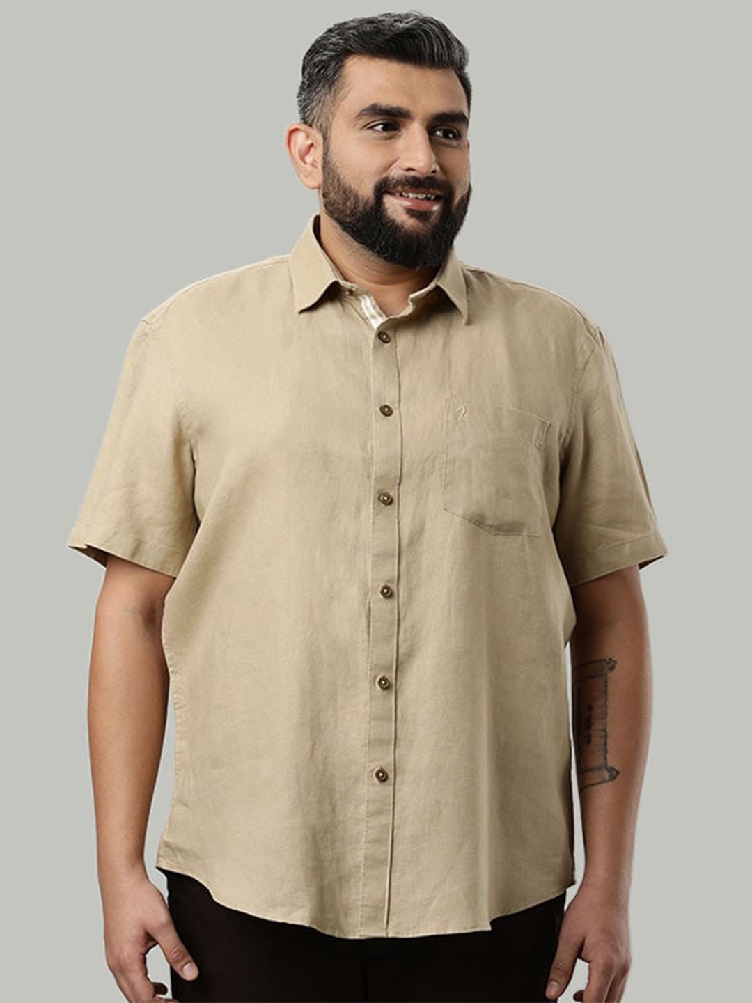 

Indian Terrain Plus Size Chiseled Slim Fit Pure Linen Casual Shirt, Beige
