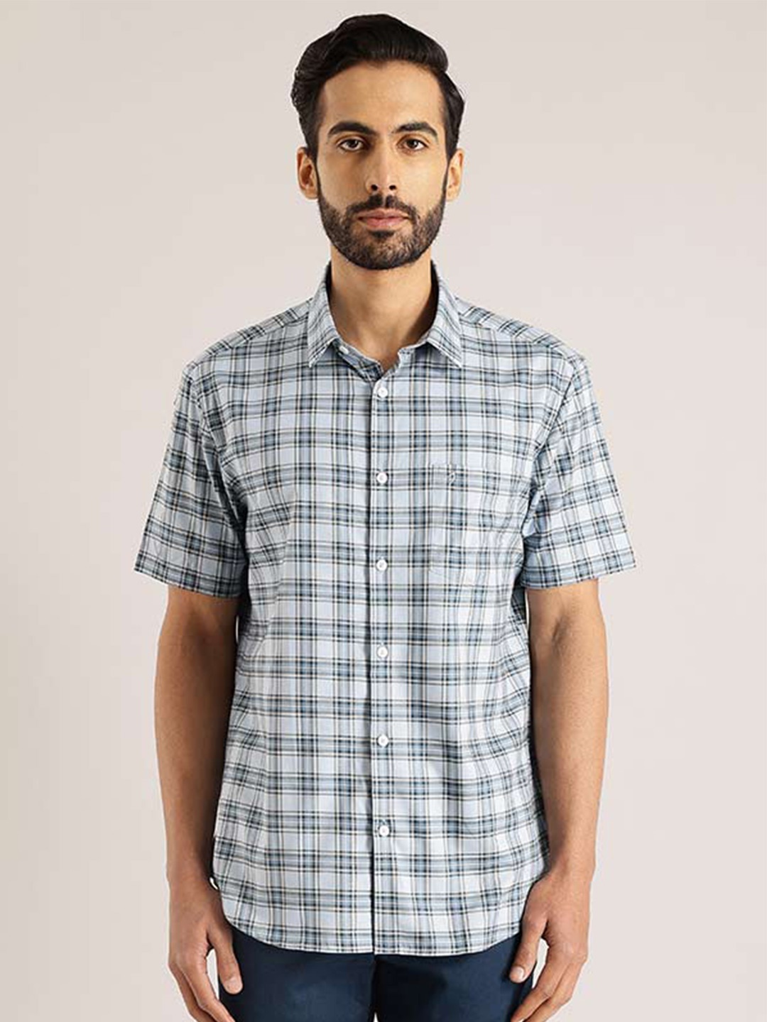 

Indian Terrain Chiseled Slim Fit Tartan Checked Pure Cotton Casual Shirt, Blue