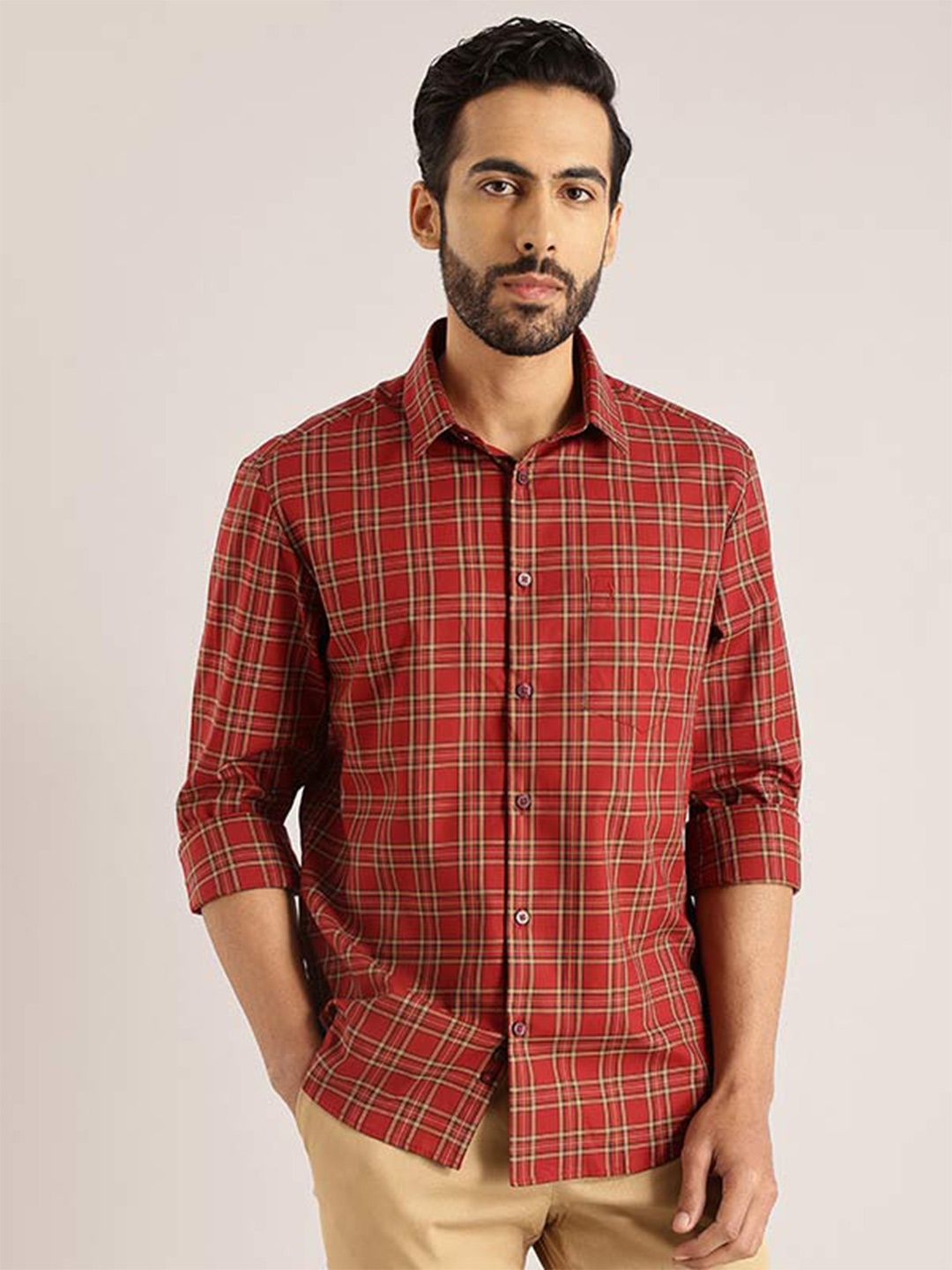 

Indian Terrain Tartan Checks Chiseled Slim Fit Cotton Casual Shirt, Red