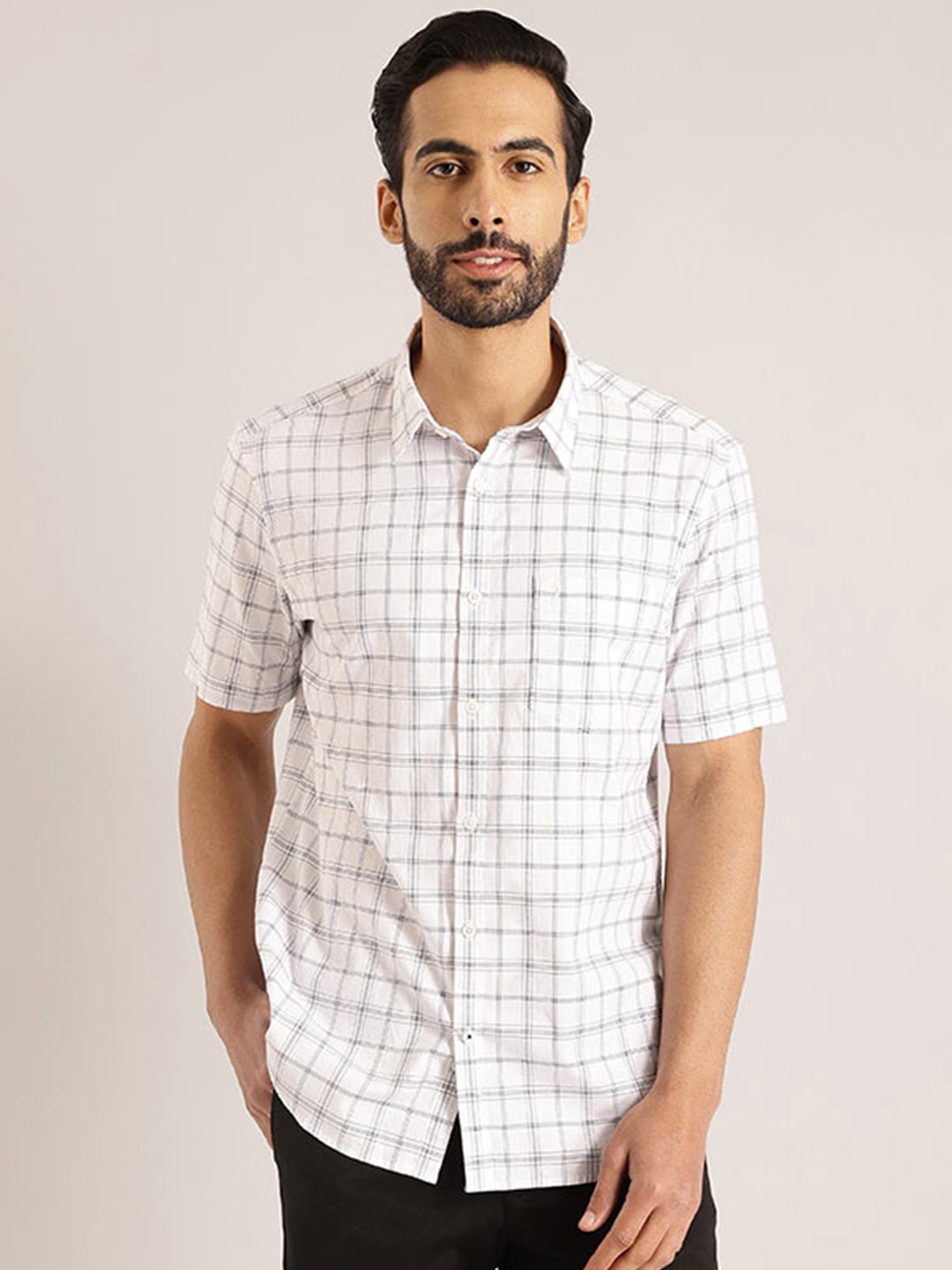 

Indian Terrain Chiseled Slim Fit Checked Pure Cotton Casual Shirt, White