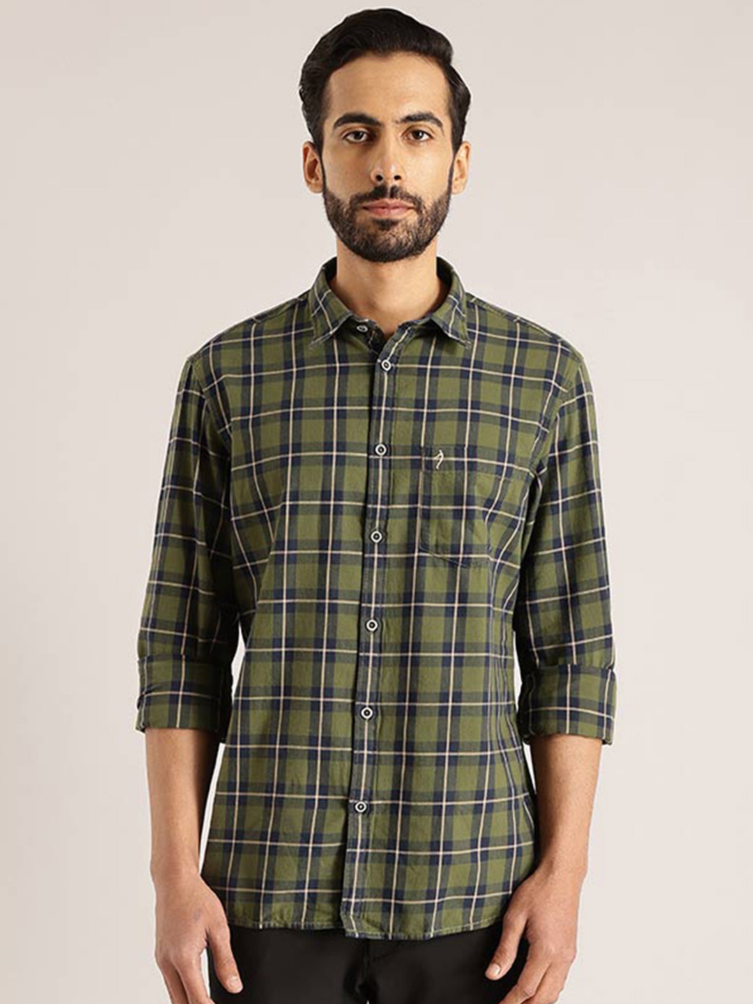 

Indian Terrain Tartan Checks Chiseled Slim Fit Cotton Casual Shirt, Green