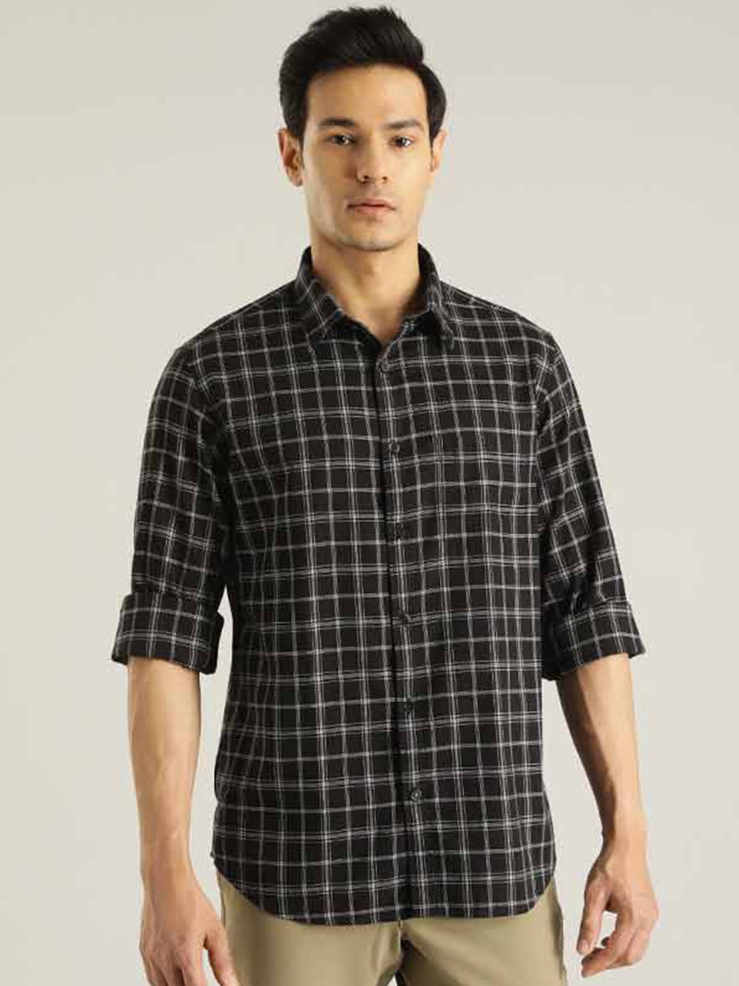 

Indian Terrain Tartan Checks Chiseled Slim Fit Cotton Casual Shirt, Black