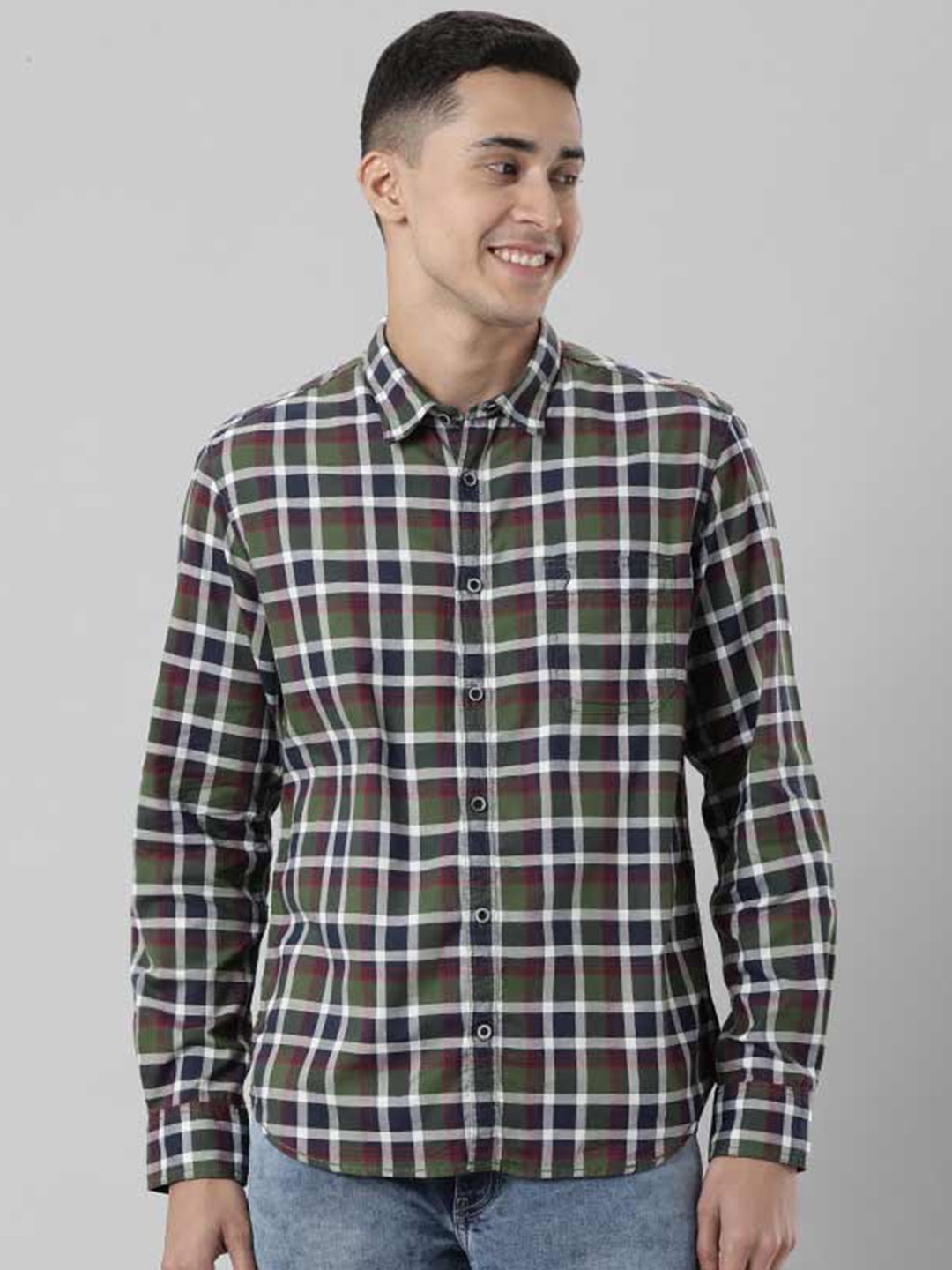 

Indian Terrain Tartan Checks Chiseled Slim Fit Cotton Casual Shirt, Olive