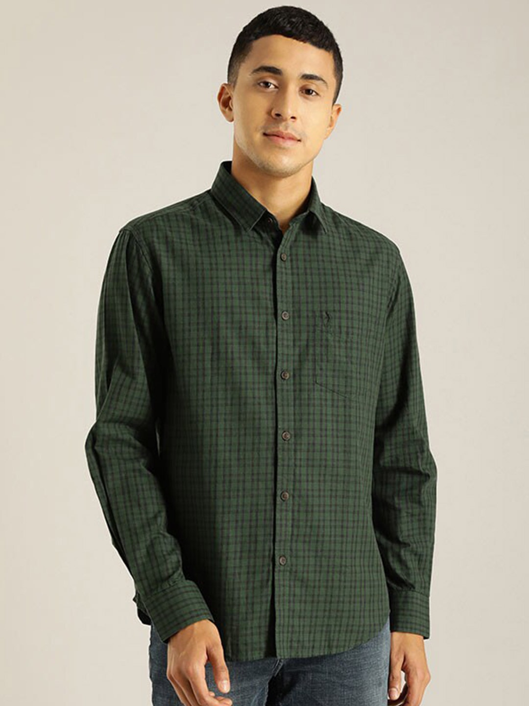 

Indian Terrain Tartan Checks Chiseled Slim Fit Cotton Casual Shirt, Green