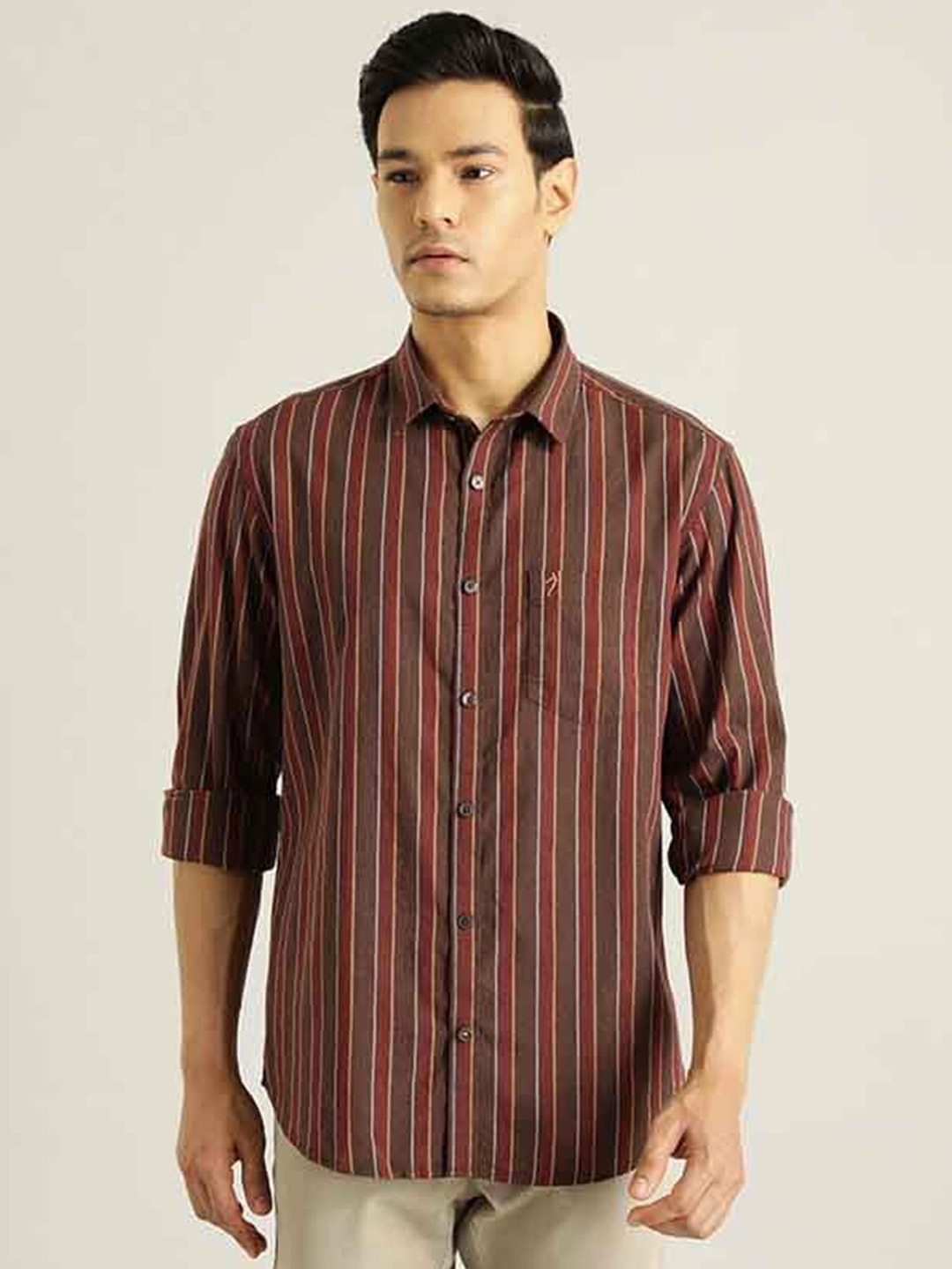 

Indian Terrain Chiseled Slim Fit Striped Pure Cotton Casual Shirt, Brown