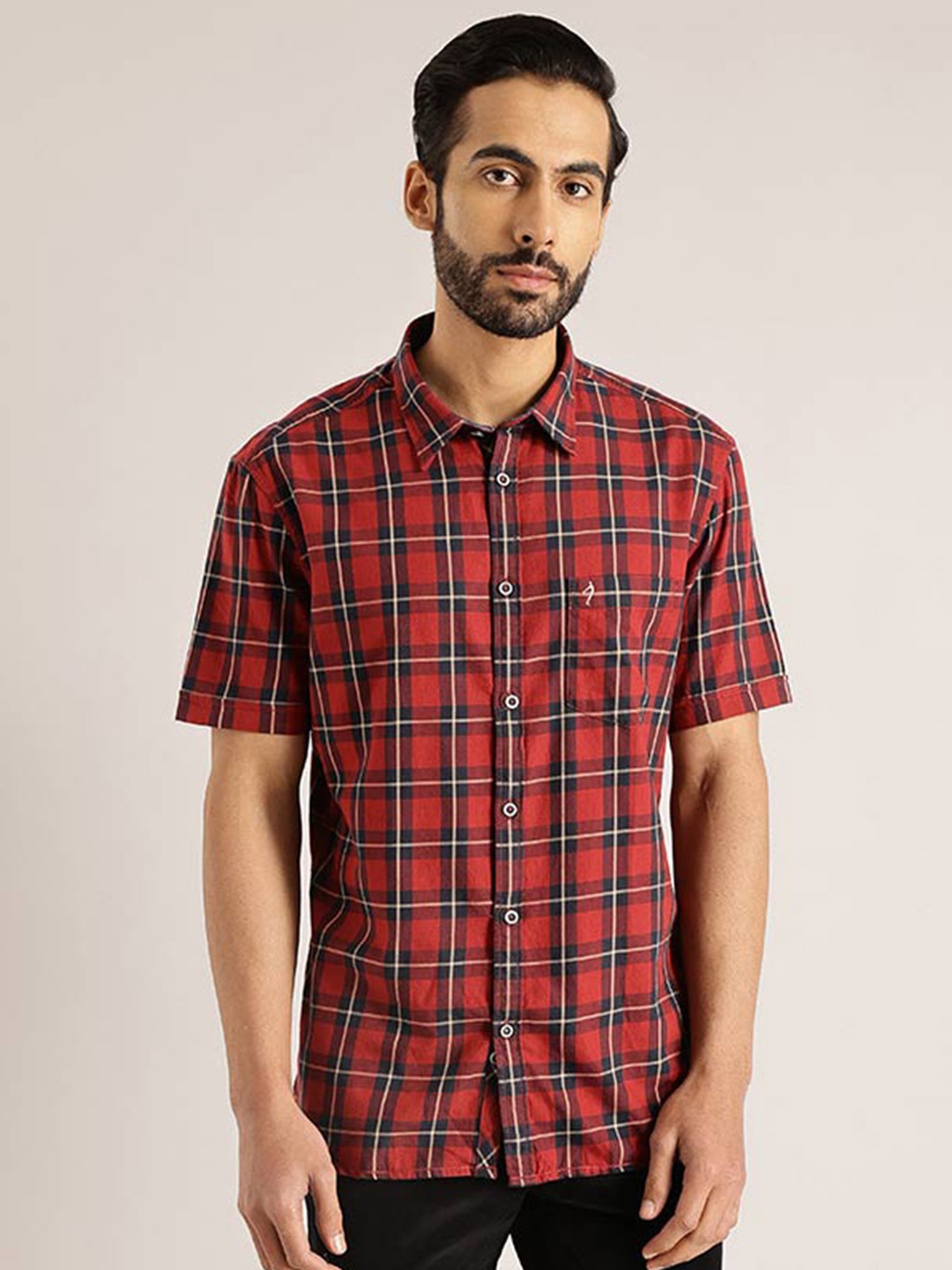

Indian Terrain Chiseled Fit Slim Fit Checked Pure Cotton Shirt, Red