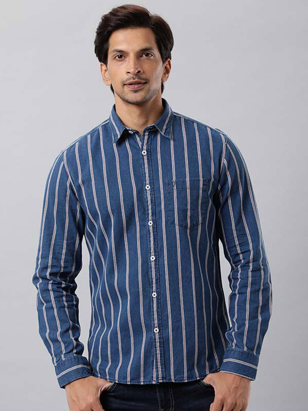 

Indian Terrain Chiseled Slim Fit Striped Pure Cotton Shirt, Red