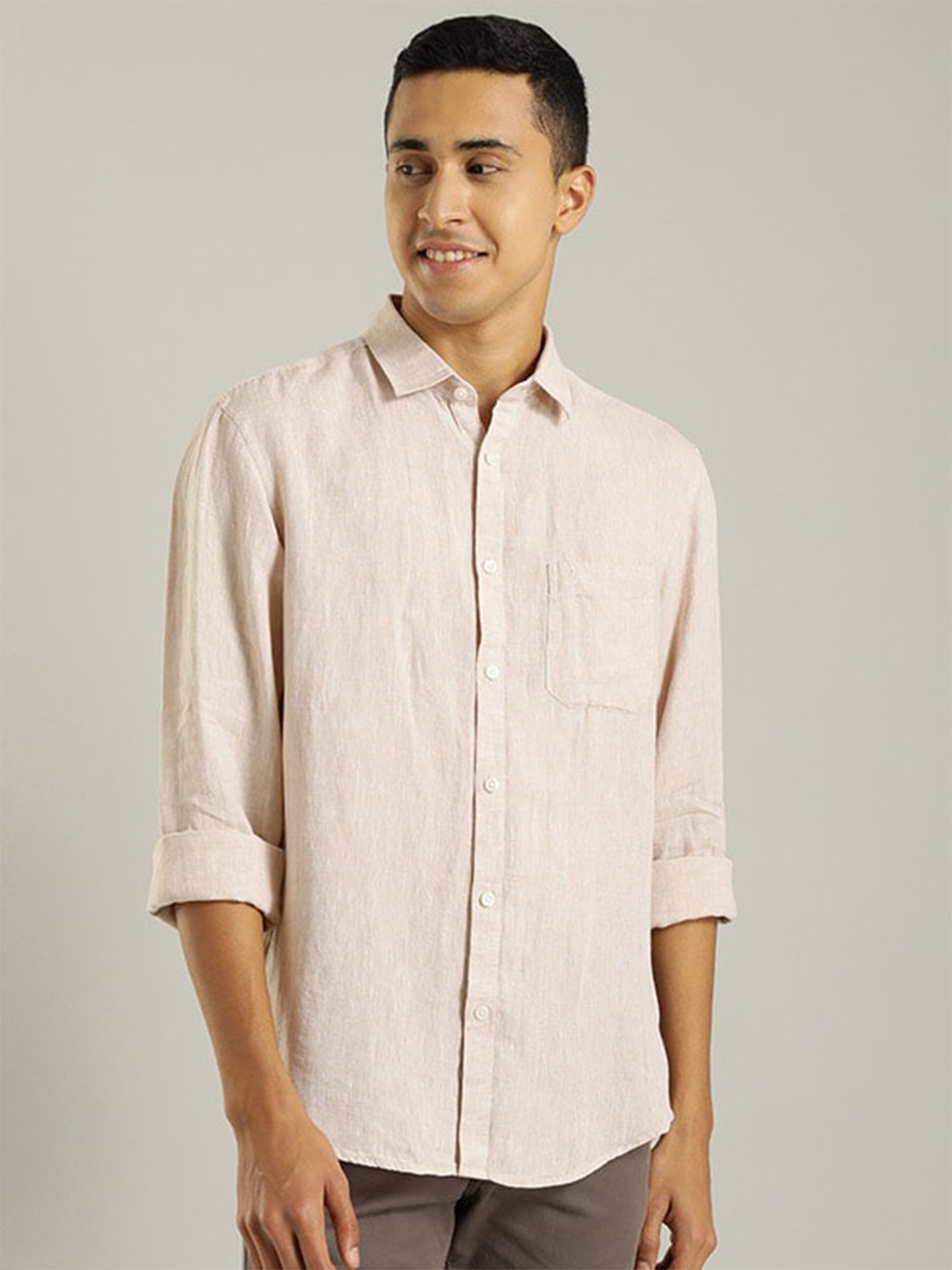 

Indian Terrain Spread Collar Chiseled Slim Fit Casual Linen Shirt, Beige