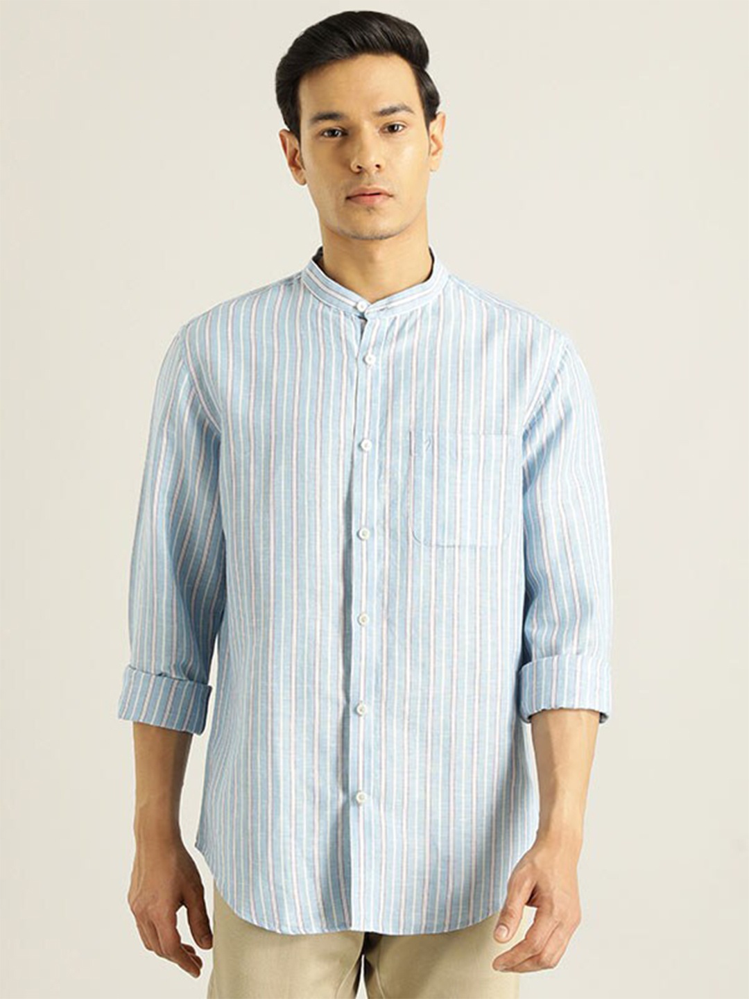 

Indian Terrain Chiseled Slim Fit Vertical Striped Casual Shirt, Blue