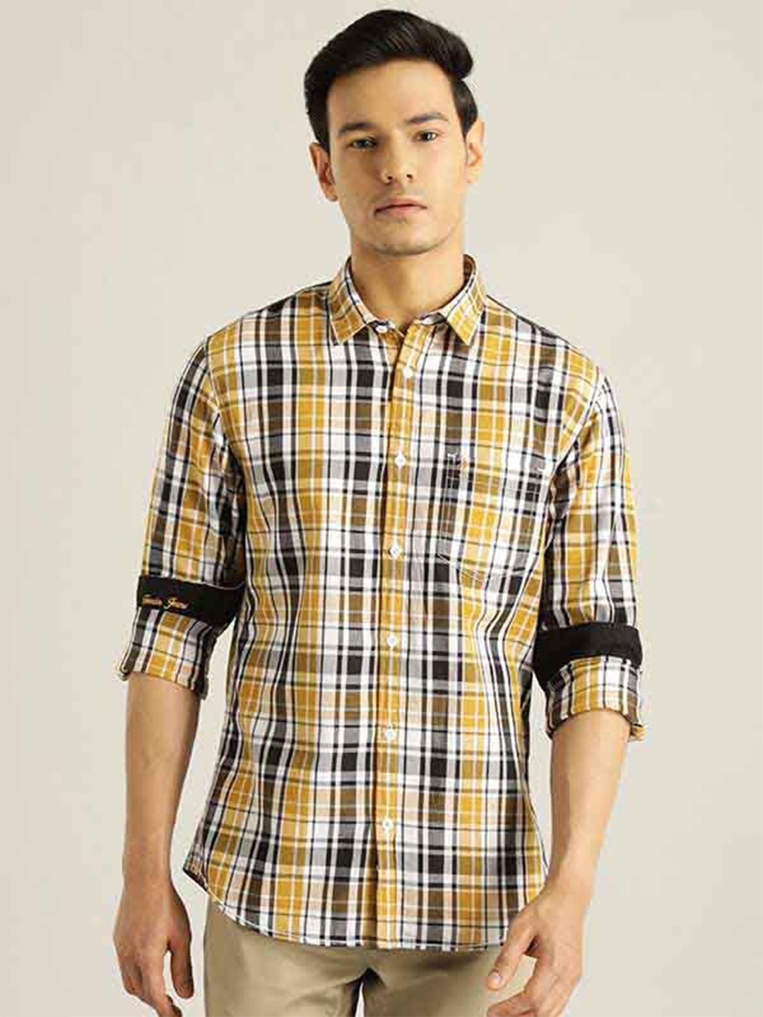 

Indian Terrain Chiseled Slim Fit Tartan Checked Pure Cotton Casual Shirt, Yellow