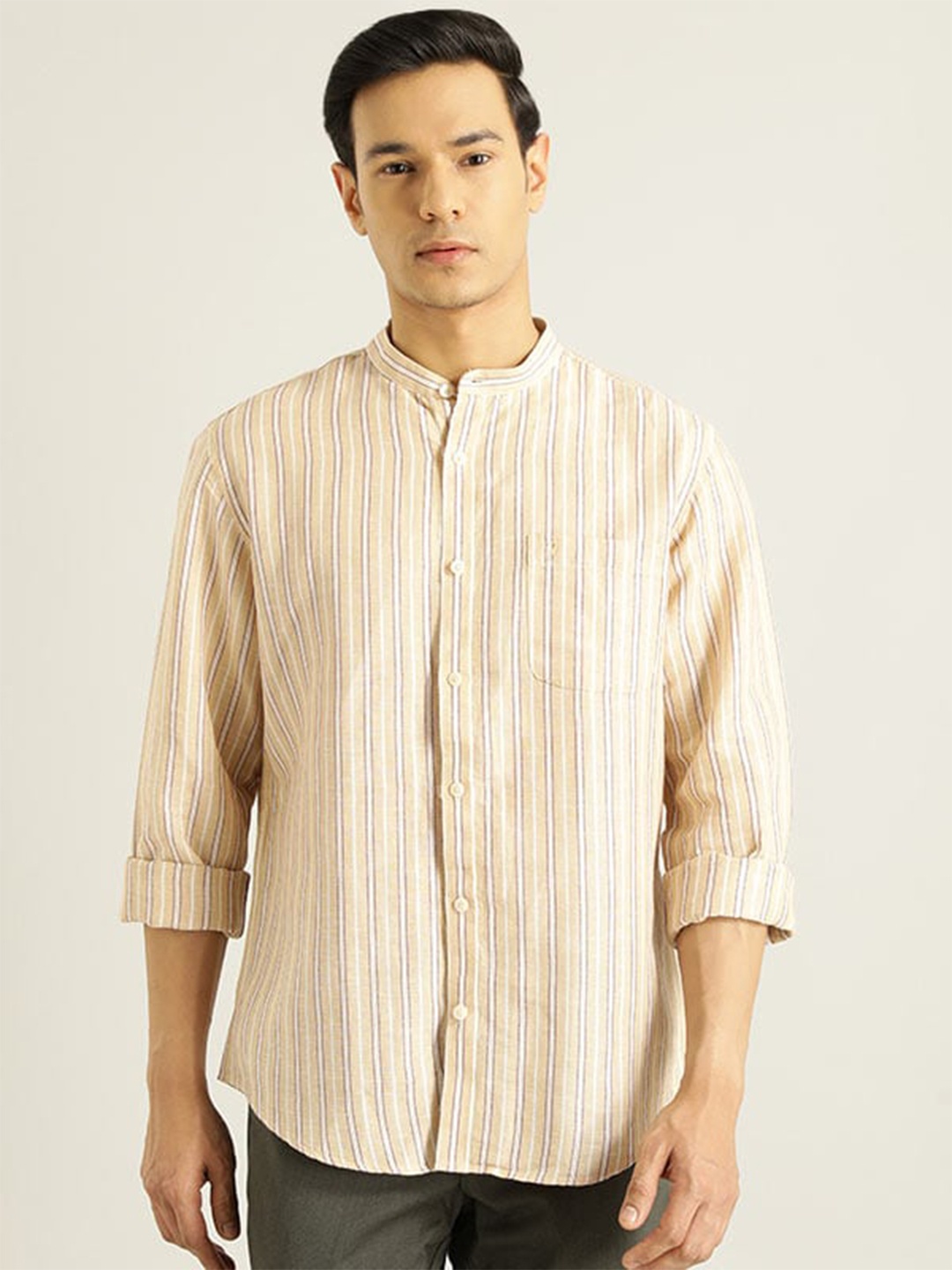

Indian Terrain Chiseled Slim Fit Striped Band Collar Casual Shirt, Brown