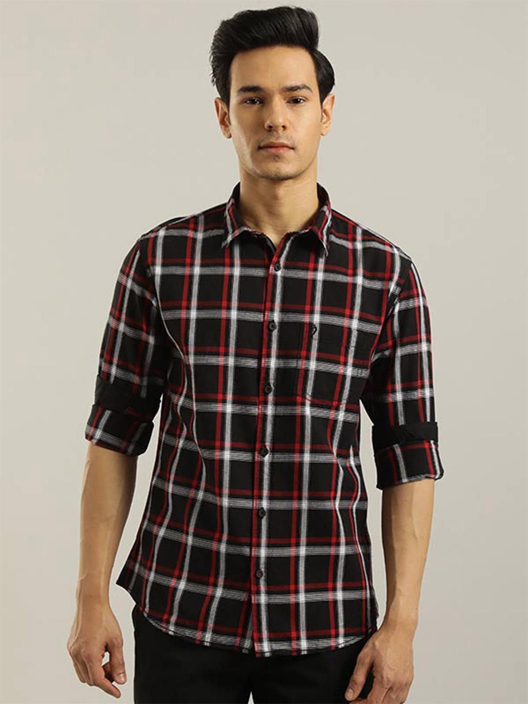 

Indian Terrain Tartan Checked Chiseled Slim Fit Pure Cotton Casual Shirt, Black