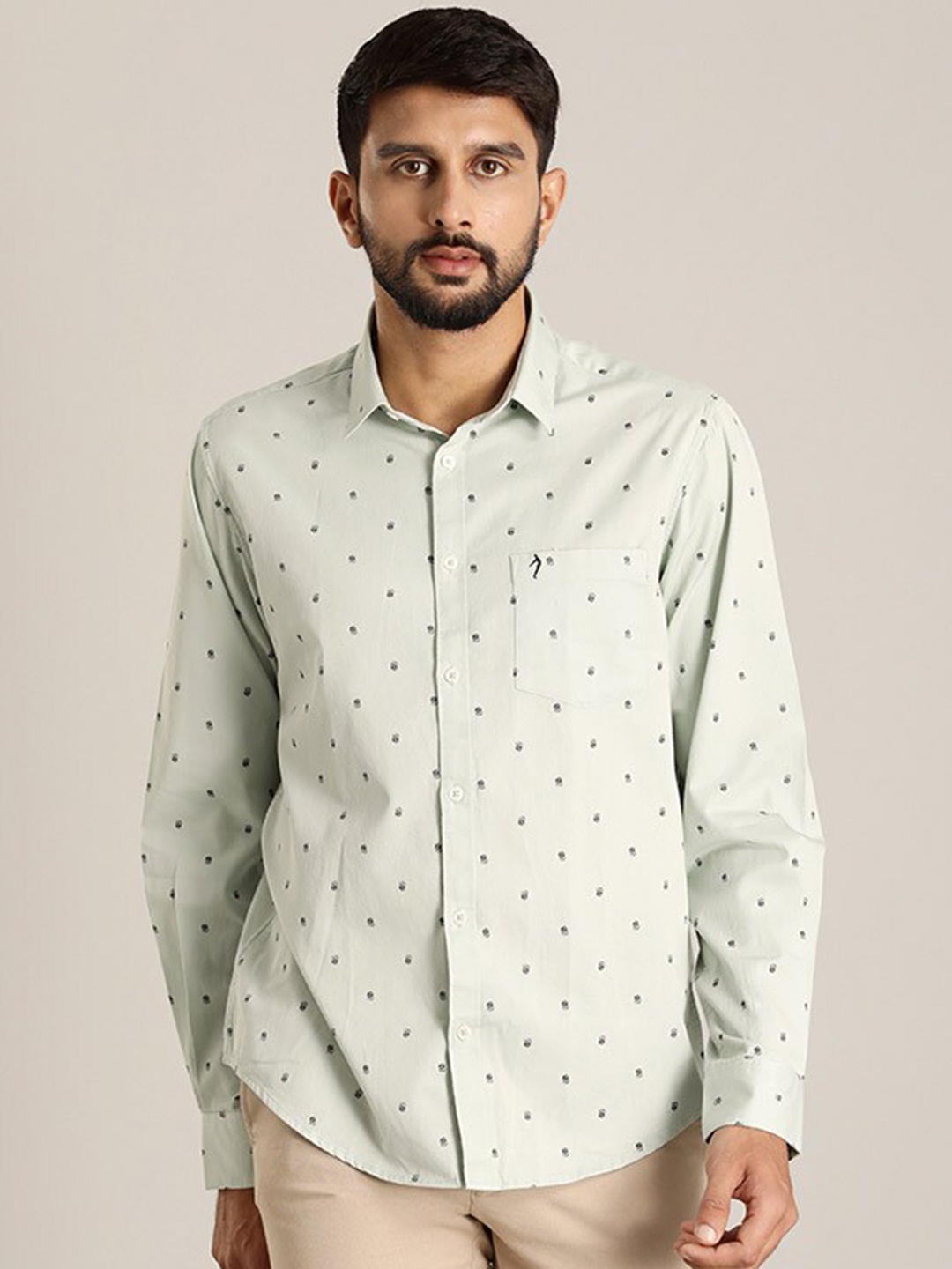 

Indian Terrain Micro Ditsy Printed Chiseled Slim Fit Pure Cotton Casual Shirt, Sea green