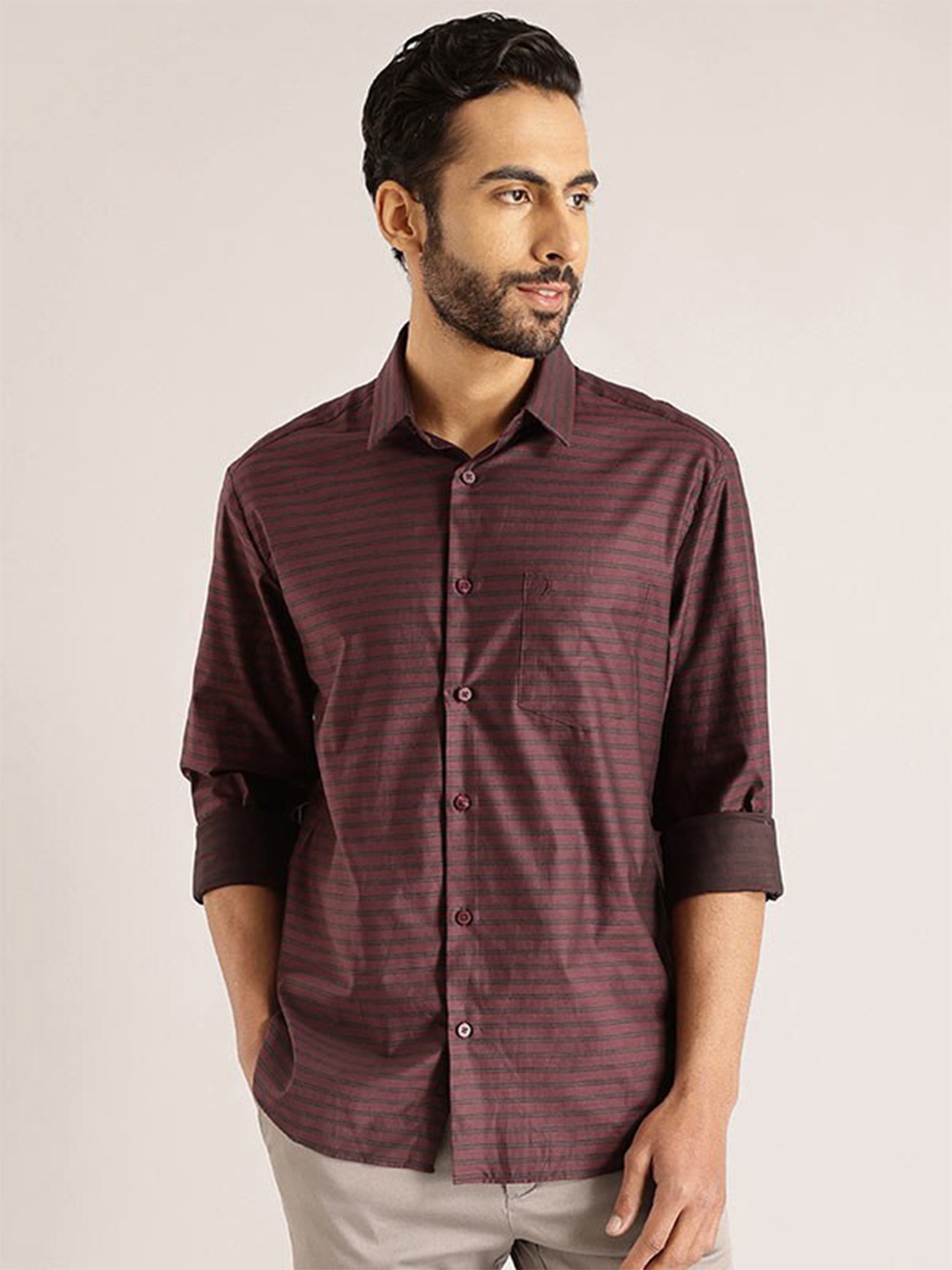 

Indian Terrain Horizontal Striped Slim Fit Casual Shirt, Maroon