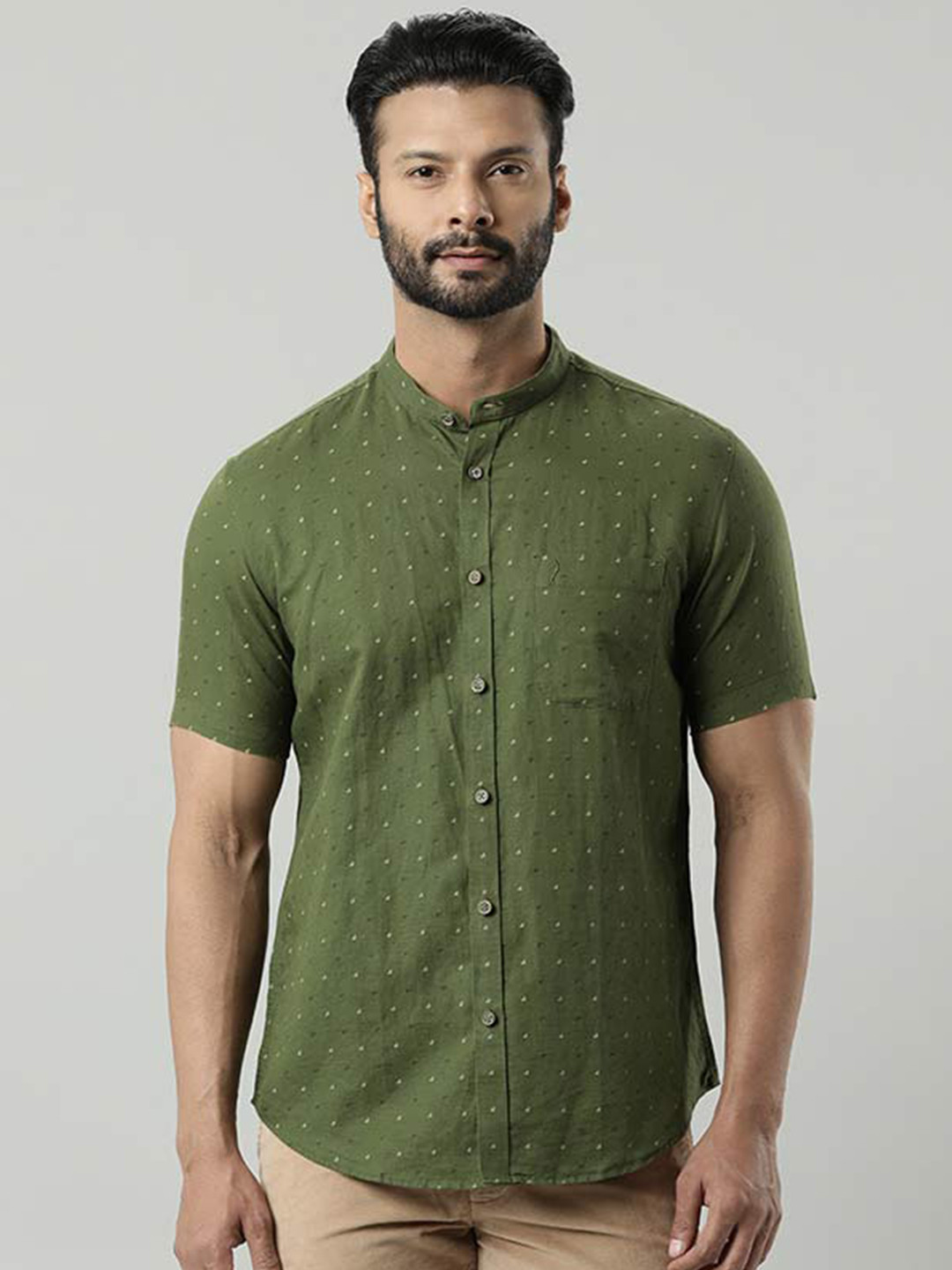 

Indian Terrain Micro Ditsy Printed Chiseled Slim Fit Linen Cotton Casual Shirt, Olive