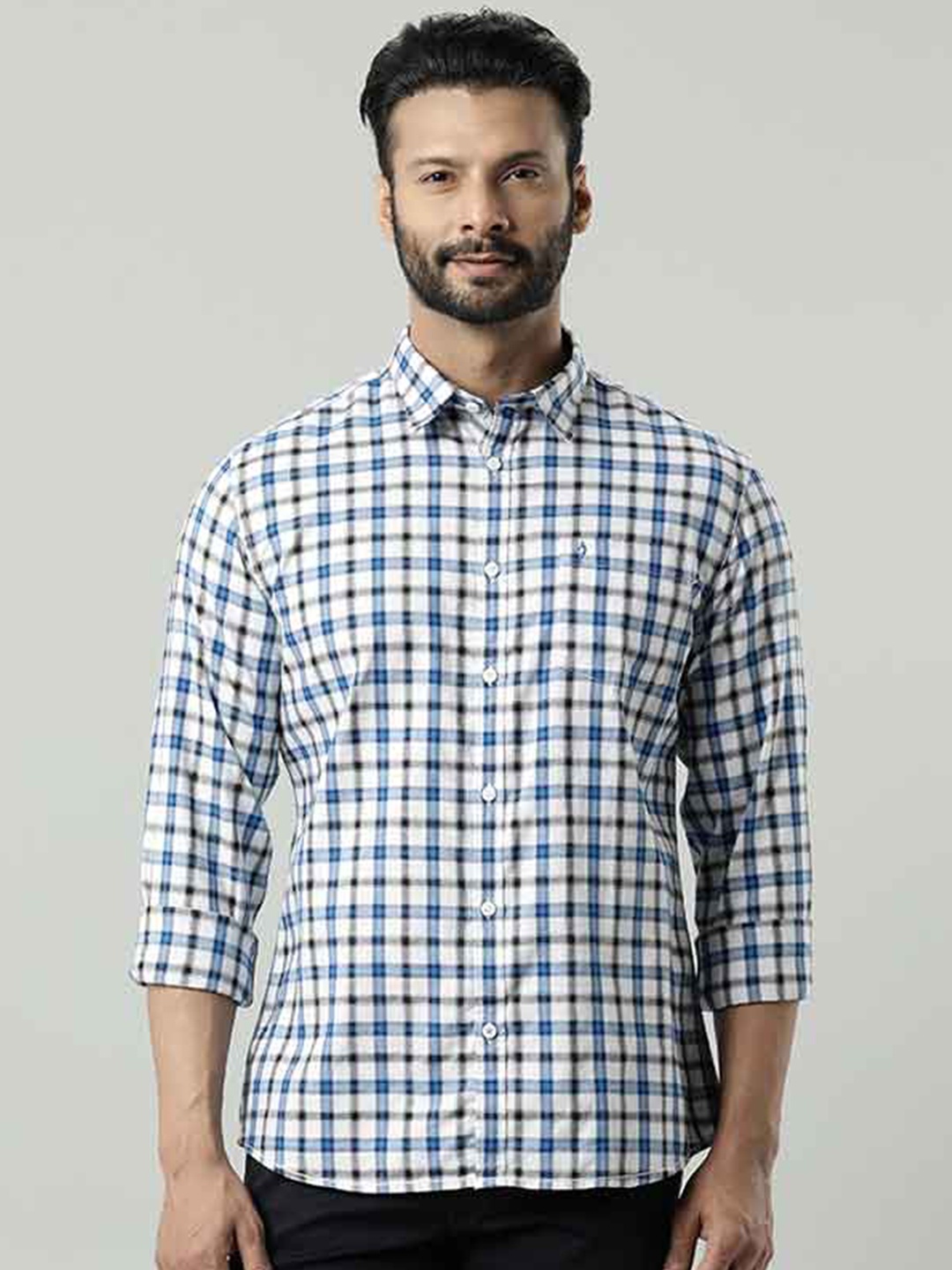 

Indian Terrain Chiseled Slim Fit Checked Pure Cotton Casual Shirt, Blue