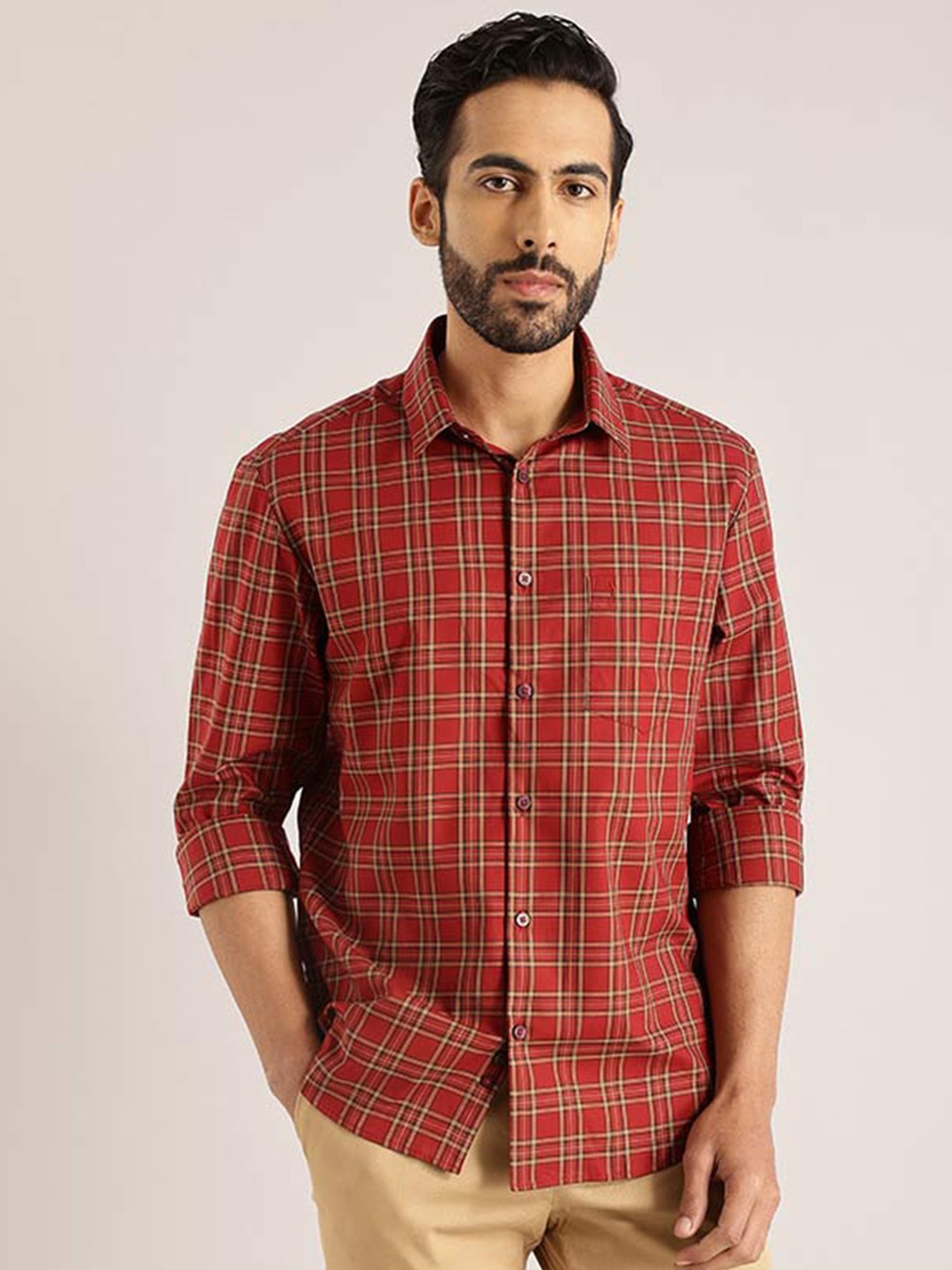

Indian Terrain Tartan Checks Chiseled Fit Slim Fit Pure Cotton Casual Shirt, Red