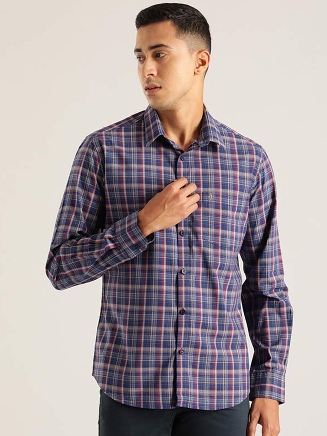 

Indian Terrain Tartan Checks Chiseled Slim Fit Cotton Casual Shirt, Navy blue