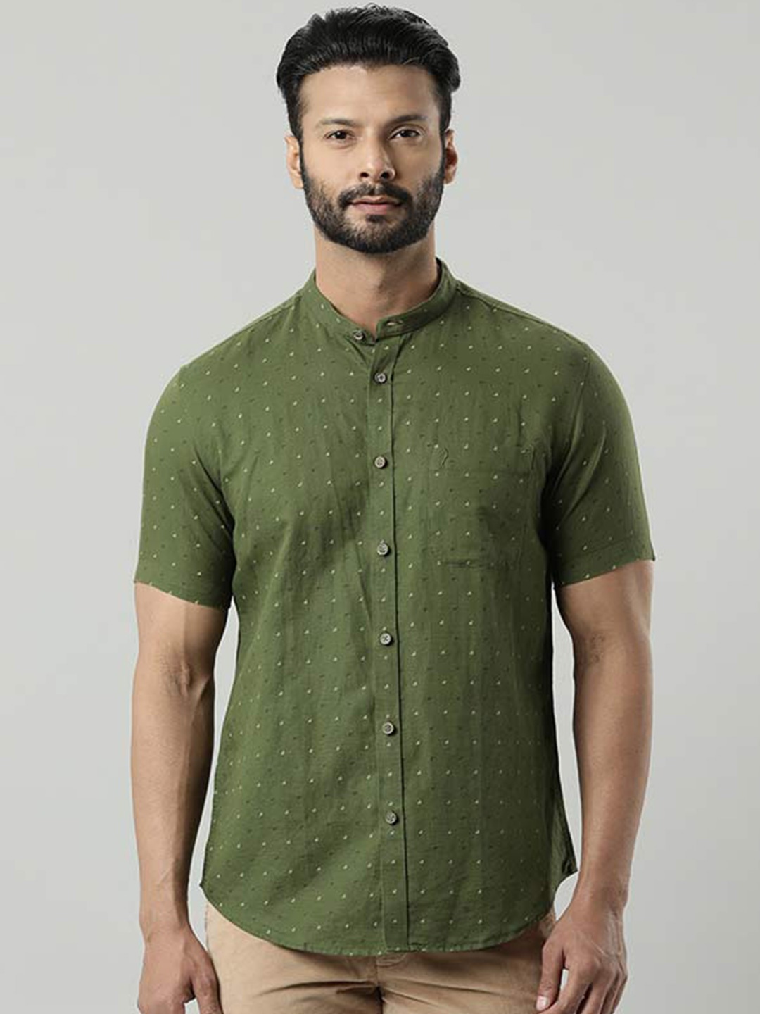 

Indian Terrain Micro Ditsy Printed Chiseled Slim Fit Cotton Casual Shirt, Green