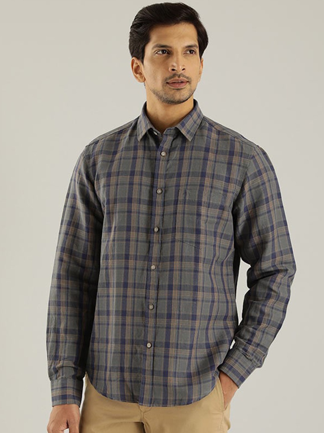 

Indian Terrain Chiseled Slim Fit Tartan Checked Linen Cotton Casual Shirt, Blue