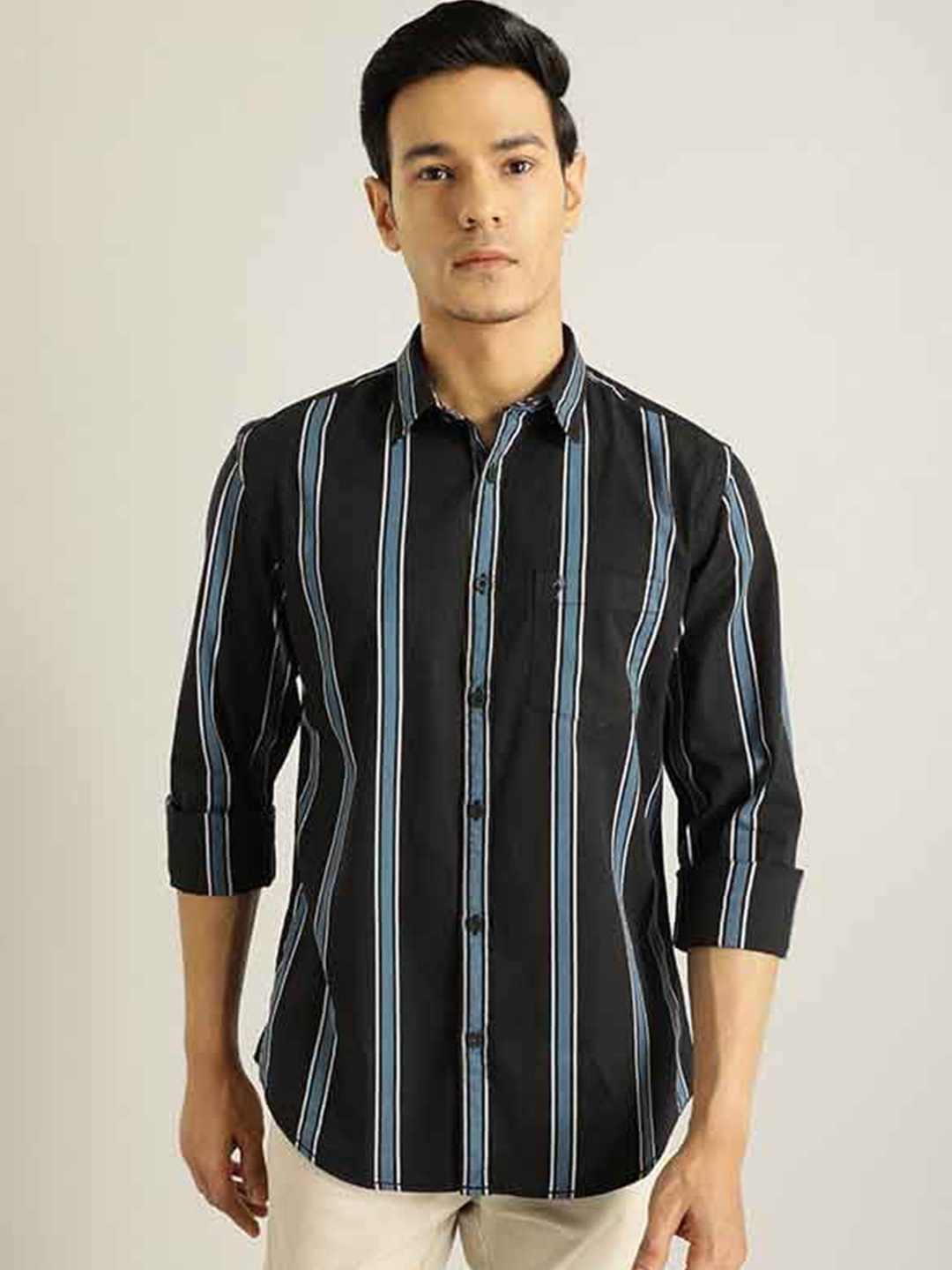 

Indian Terrain Chiseled Slim Fit Striped Pure Cotton Casual Shirt, Black