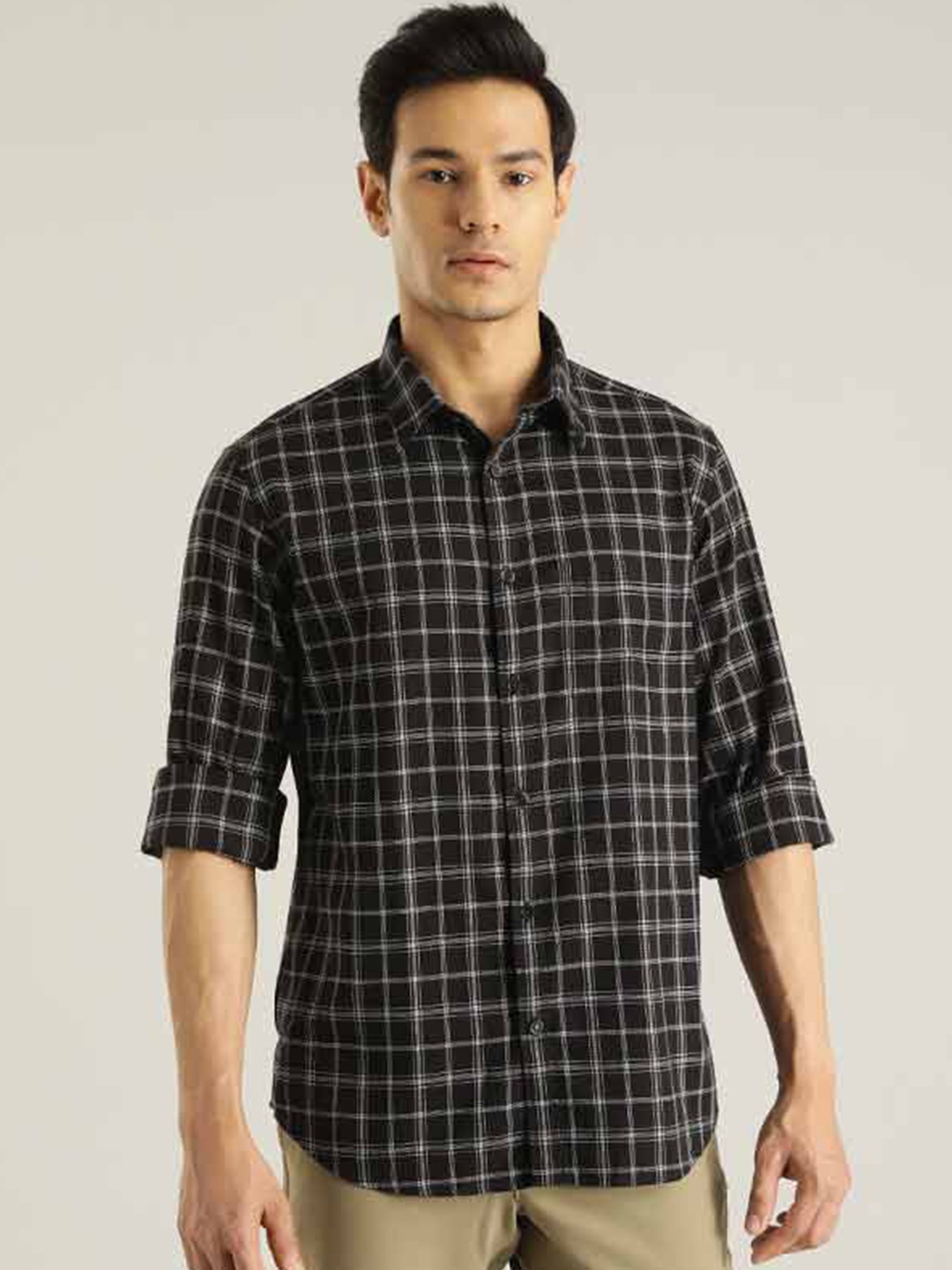 

Indian Terrain Chiseled Slim Fit Tartan Checked Pure Cotton Casual Shirt, Black