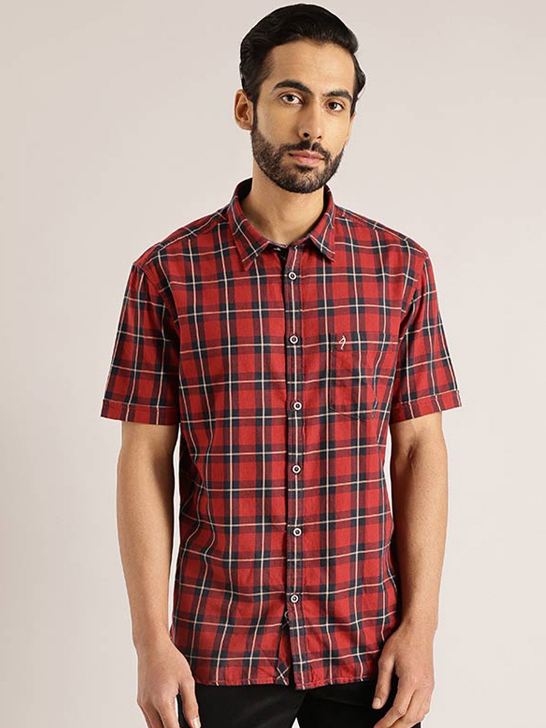 

Indian Terrain Chiseled Slim Fit Checked Pure Cotton Casual Shirt, Red