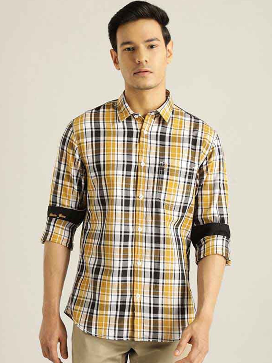 

Indian Terrain Chiseled Tartan Checked Pure Cotton Slim Fit Casual Shirt, Yellow