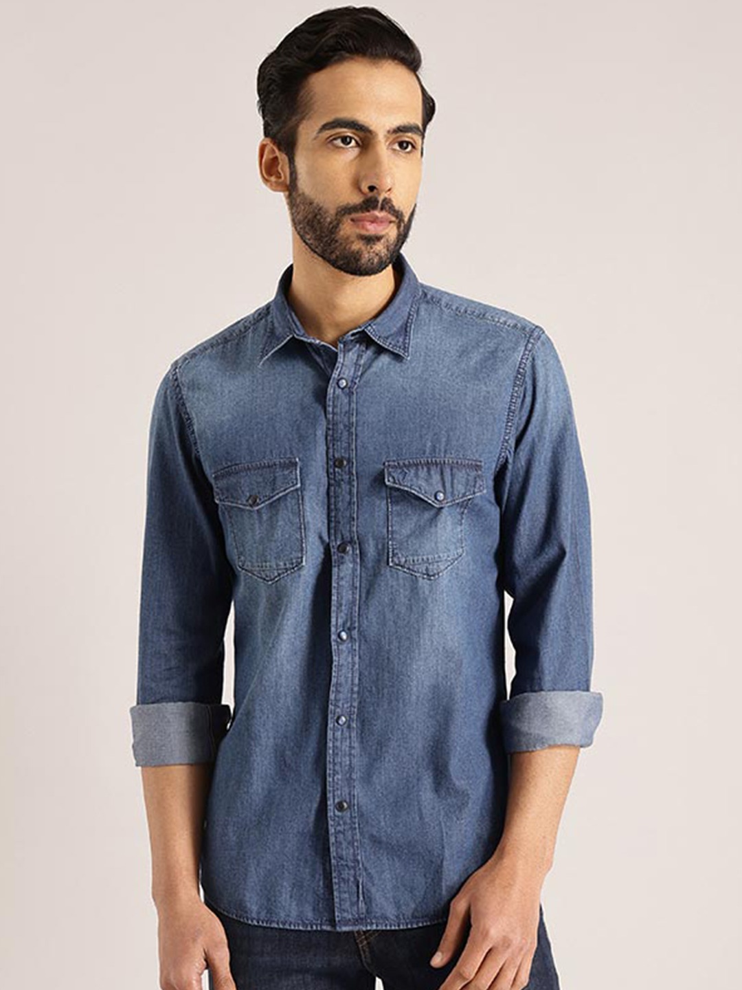 

Indian Terrain Chiseled Spread Collar Faded Pure Cotton Slim Fit Casual Shirt, Blue