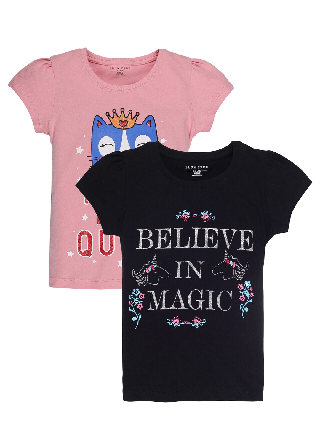 

PLUM TREE Girls Pack Of 2 Printed Cotton T-shirts, Black