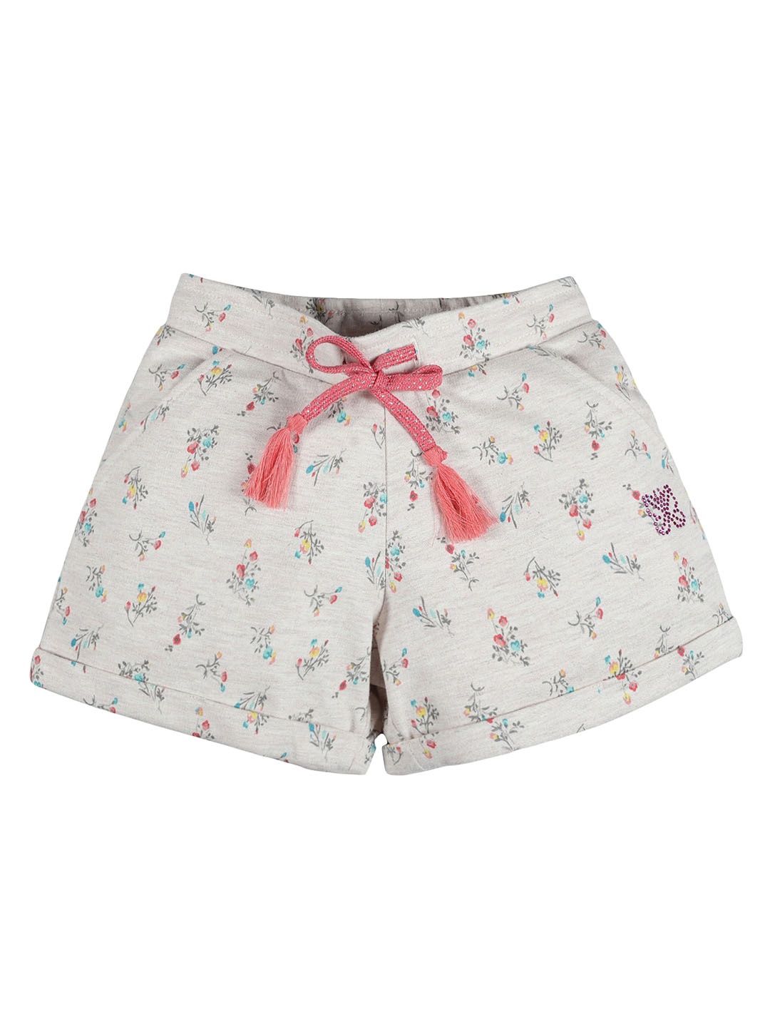 PLUM TREE Girls Floral Printed Mid Rise Pure Cotton Shorts, Grey