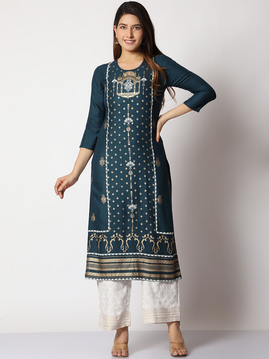 

SHEREEN Ethnic Motifs Printed Straight Kurta, Green