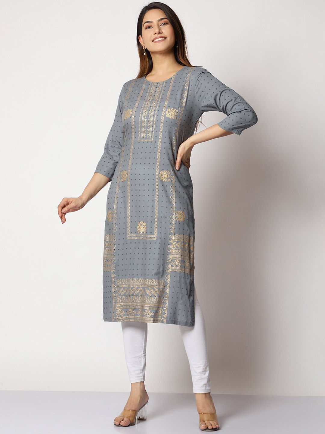 

SHEREEN Ethnic Motifs Printed Straight Kurta, Grey