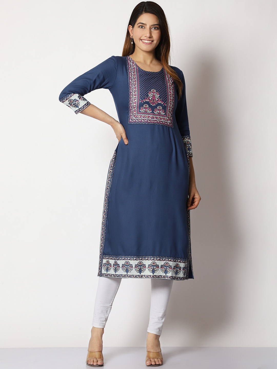 

SHEREEN Ethnic Motifs Yoke Design Straight Kurta, Blue