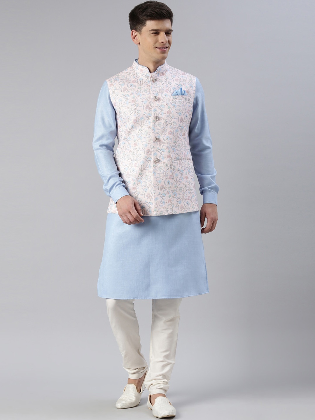 

TheEthnic.Co Mandarin Collar Kurta with Churidar & Printed Nehru Jacket, Blue