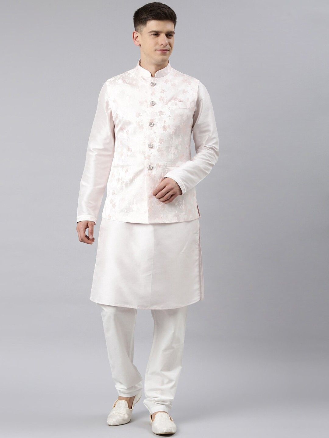 

TheEthnic.Co Floral Printed Mandarin Collar Jacket Kurta With Churidar, Pink