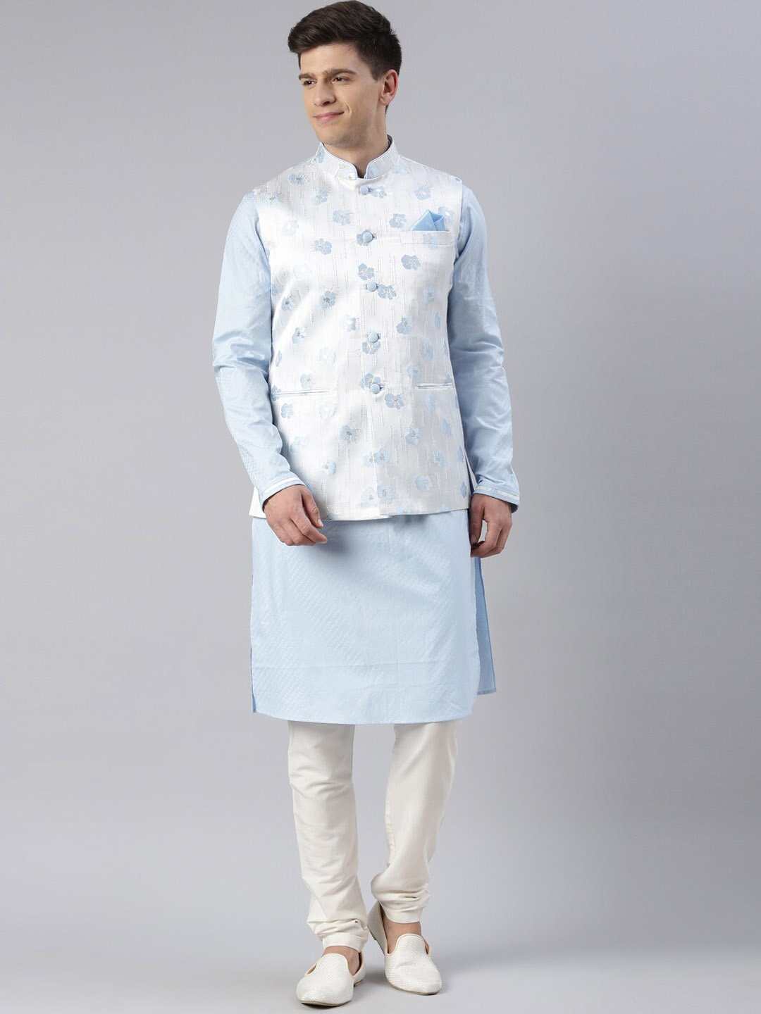 

TheEthnic.Co Regular Kurta & Pyjamas with Printed Nehru Jacket, Blue