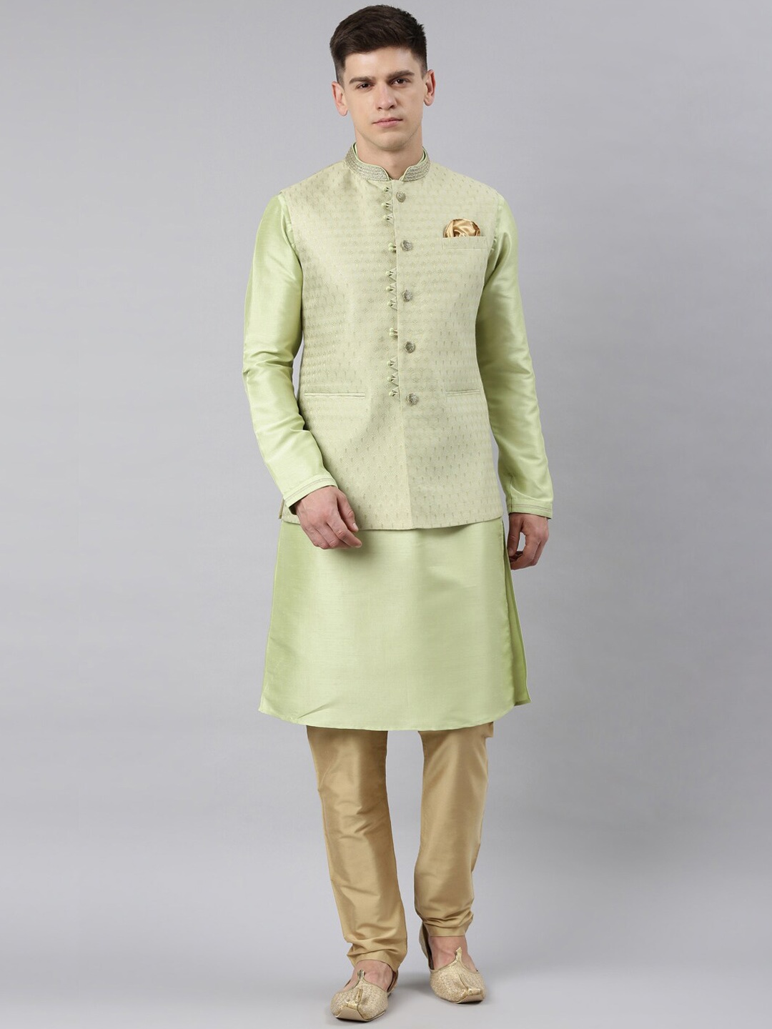 

TheEthnic.Co Ethnic Motifs Printed Mandarin Collar Jacket Kurta With Churidar, Green
