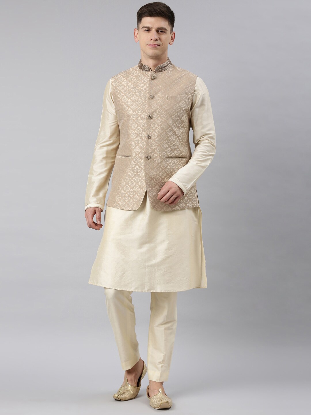 

TheEthnic.Co Mandarin Collar Brocade Kurta with Pyjamas & Nehru Jacket, Beige