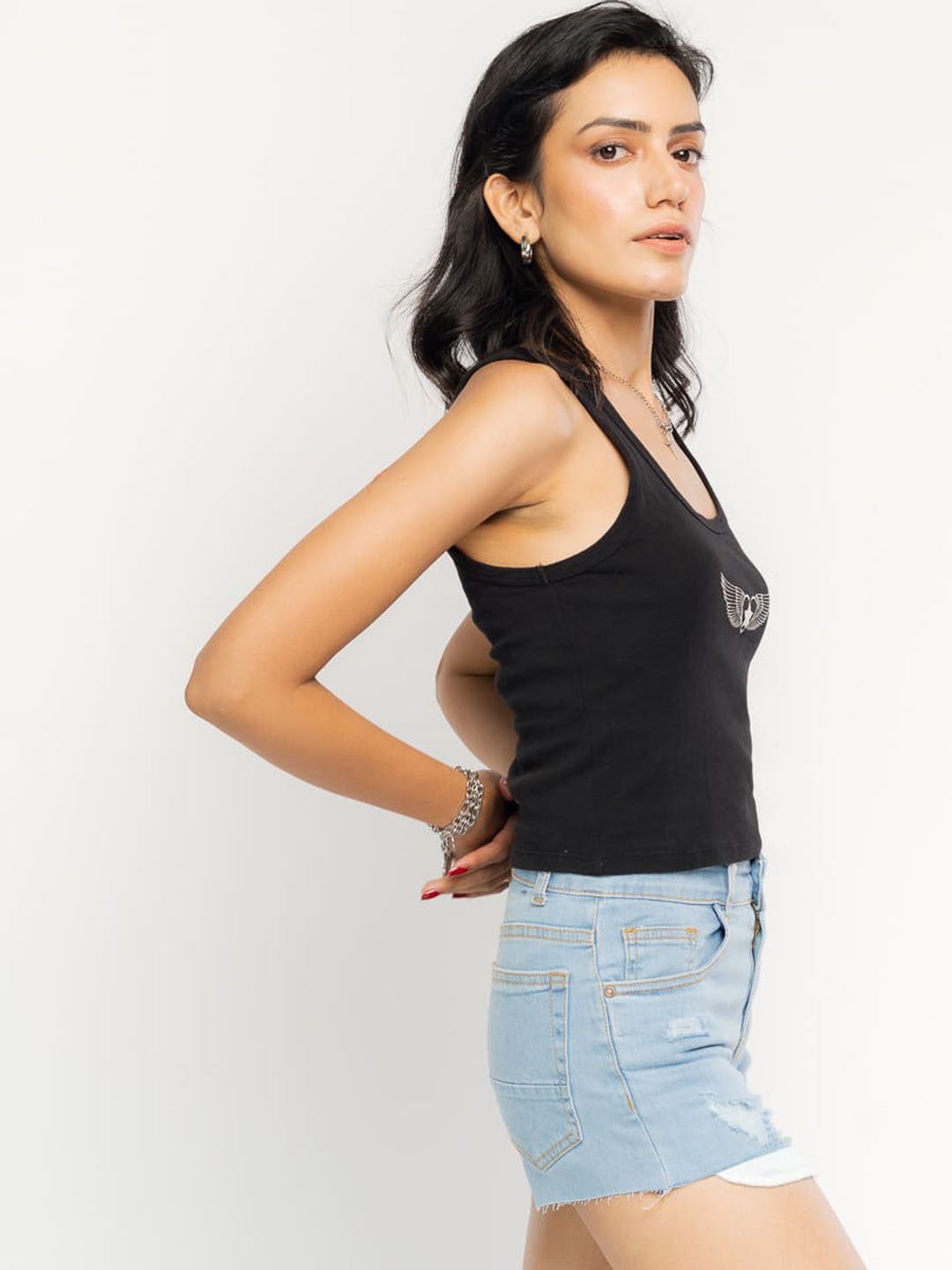 

FREAKINS Women Blue Skinny Fit High-Rise Distressed & Washed Denim Shorts