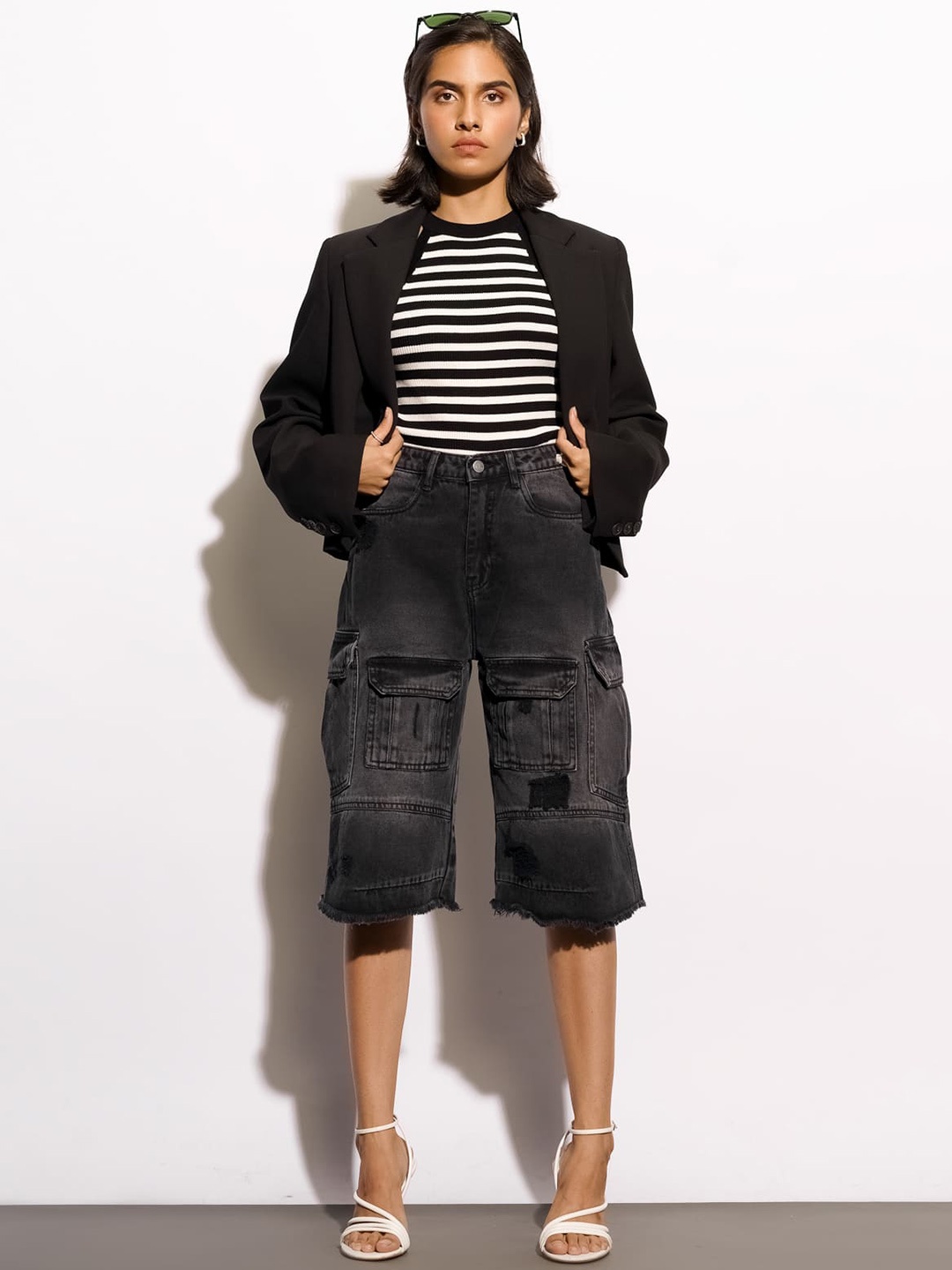 

FREAKINS Women Black High-Rise Distressed & Washed Denim Cargo Shorts